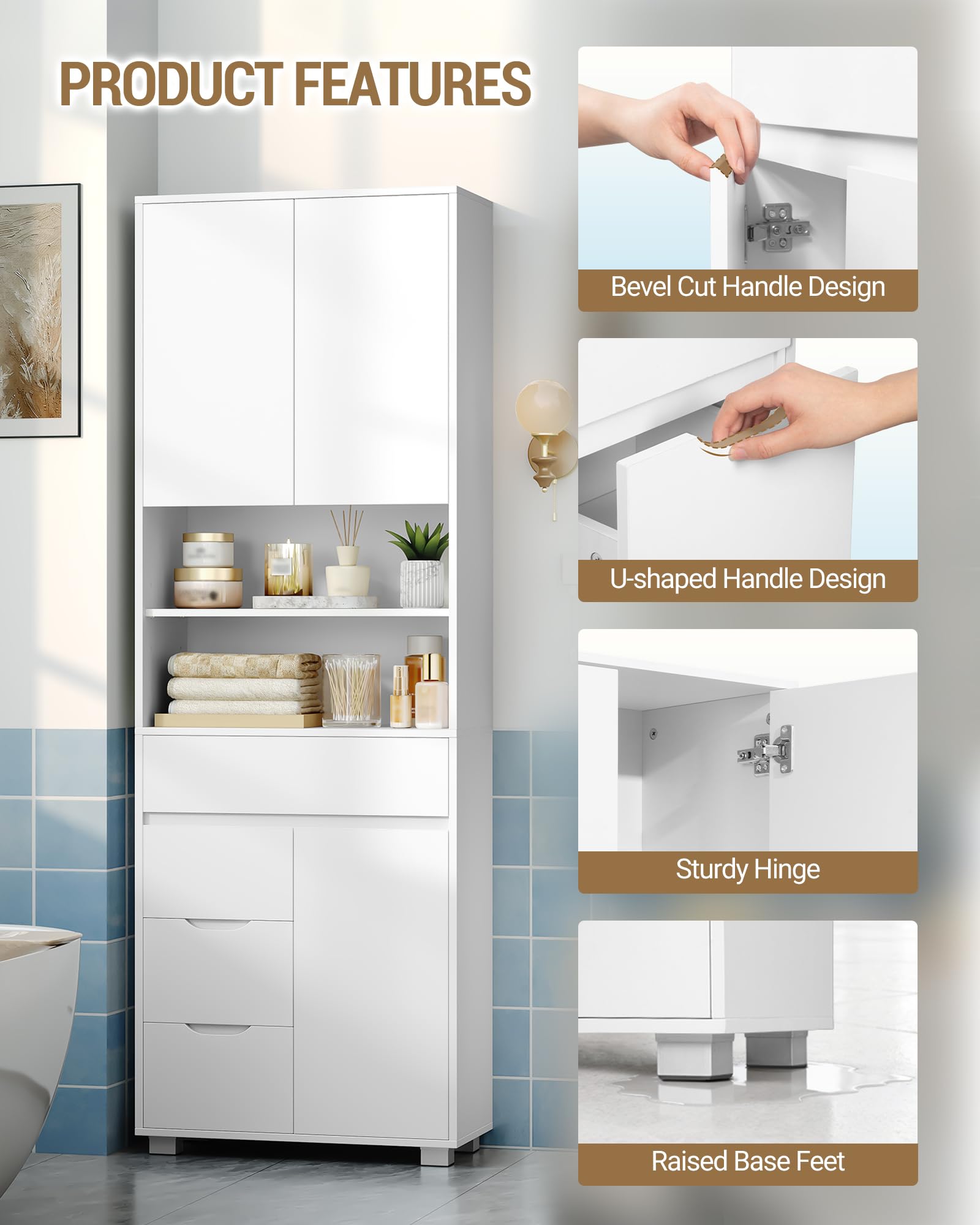 Hzuaneri Mobile Bagno, Alto, Colonna Bagno, 4 Cassetti e 3 Ante, ripiani regolabili, Ampio Spazio di Archiviazione, 30 x 60 x 190 cm, Moderno, per Soggiorno, Bagnos, Bianco SC15503X