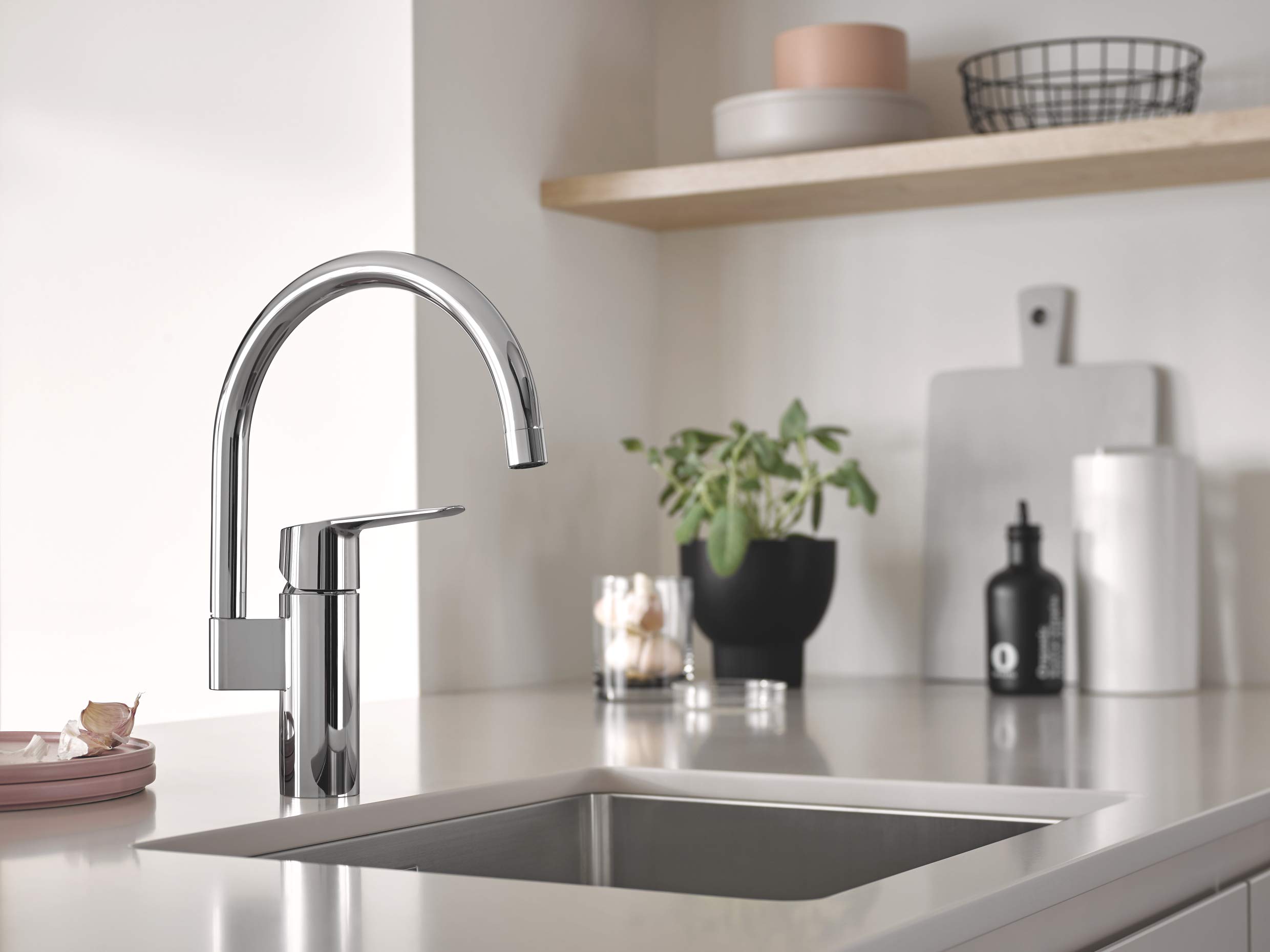 GROHE Start QuickFix, Grifo de cocina (caño alto en C, giro 150º, menor consumo de agua, sistema de instalación rápida), cromo, 30469000