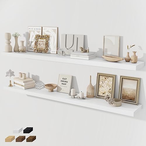 Miniatura 50 de Estantes flotantes para pared, juego de 2 estantes flotantes de 28 pulgadas, estante de madera rústica montado en la pared para baño, sala de estar,
