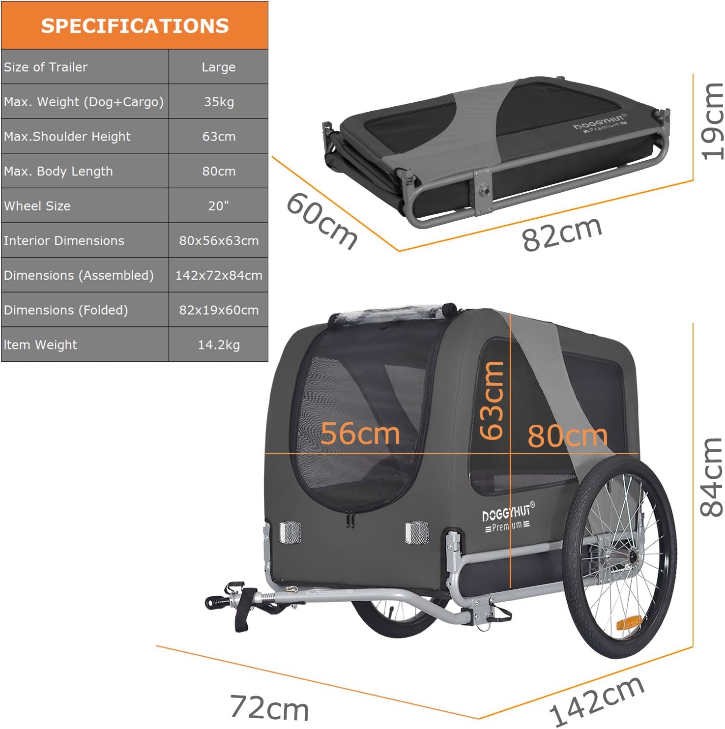 DOGGYHUT® Premium Large Pet Bike Trailer for Medium or Large Dog, Up to 78 lbs,Dog Bicycle Carrier,Low Center of Gravity,Easy Folding Frame