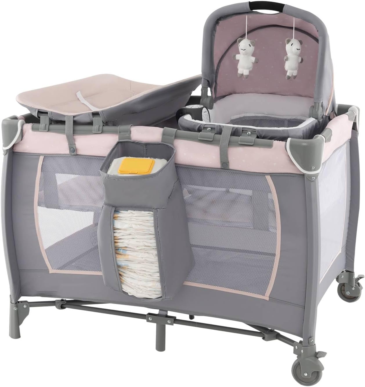 Maxmass Baby Travel Cot, 5-in-1 Infant Nursery Center with Changing Table, Lockable Wheels, Music Box, Foldable Mattress & Storage Pocket, Portable Infant Co-sleep Crib for Toddler (Grey + Pink)