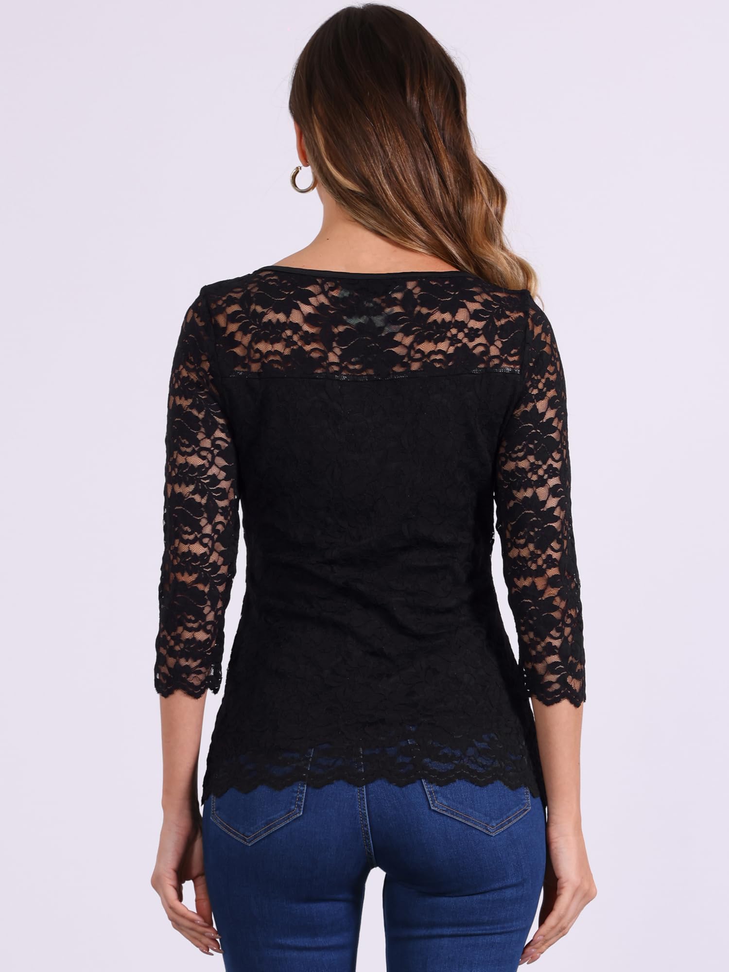 Allegra K Haut en dentelle florale pour femme, manches 3/4, col rond, décontracté, élégant, en dentelle, noir, Taille XL