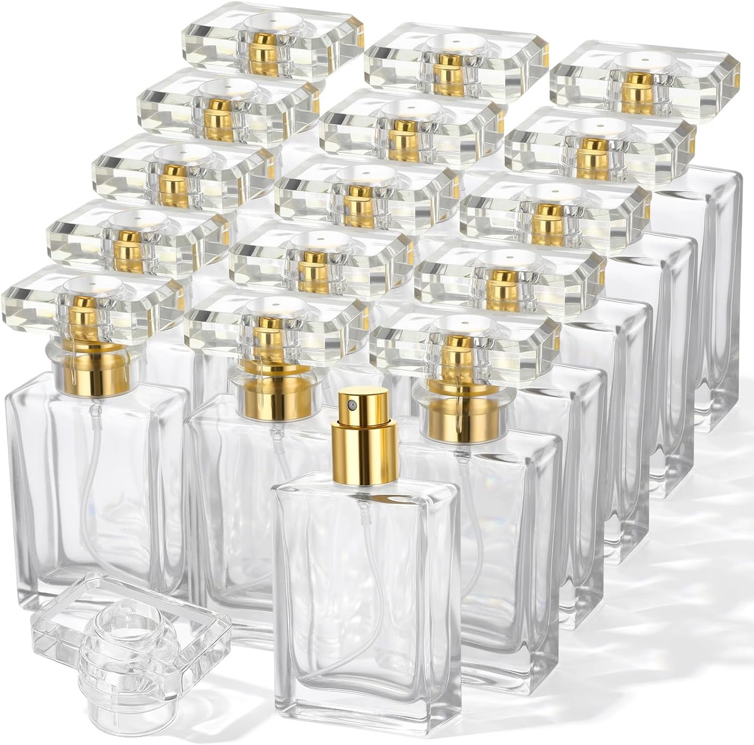 16 Pack 1 oz/30 ml Perfume Bottles Empty Refillable, Glass Perfume Spray Bottles with Gold Mist Atomizer - Premium Square Empty Travel Containers for Essential Oils, Cologne & DIY Fragrances
