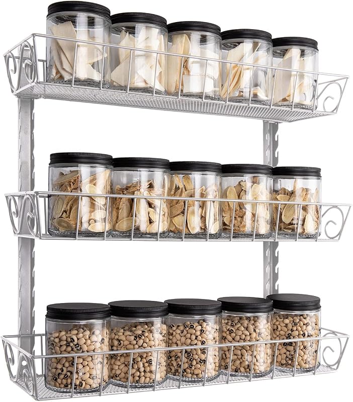 SWOMMOLY Wall Mount Spice Rack Organizer, 3-Tier Adjustable Dual-Use Shelf | Hanging Spice Rack Organizer, Kitchen Pantry Cabinet Storage Holder for Spices, Mason Jars, Bottles & Cans, Silver