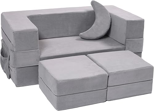 Sofá modular para niños, sillón de espuma para niños, sofá convertible de felpa para niños, sofá cama plegable (gris)