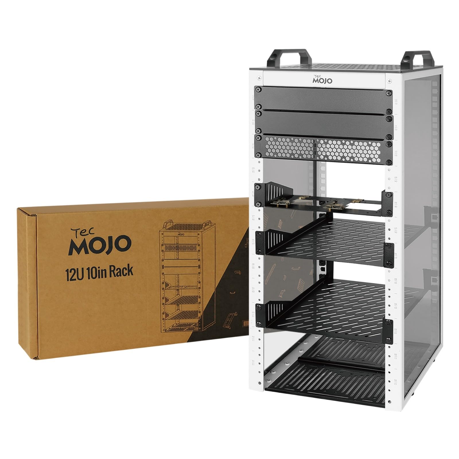 Tecmojo Rack di rete 12U, mini server rack con 2 pannelli traslucidi laterali e 2 maniglie superiori, profondità 26 cm, per apparecchiature IT e dispositivi A/V da 10", bianco