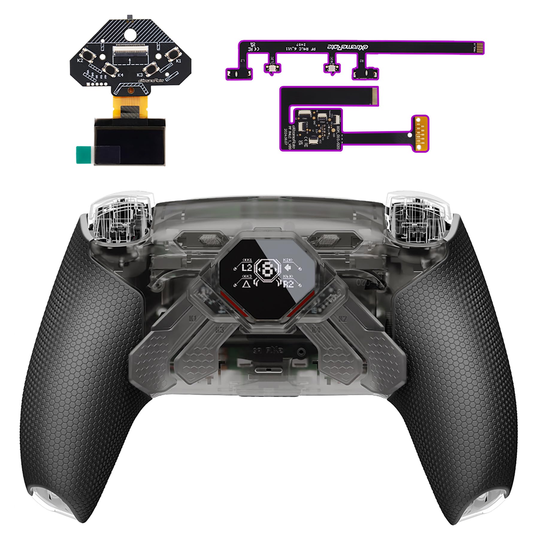eXtremeRate Spark Tasti Posteriori Kit per ps5 Controller BDM 010 020, Display OLED + Clicky Trigger Stop + Grip Ergonomici, 4 Palette Rimappabili Accessori per ps5 Joystick, Trasparente Nero