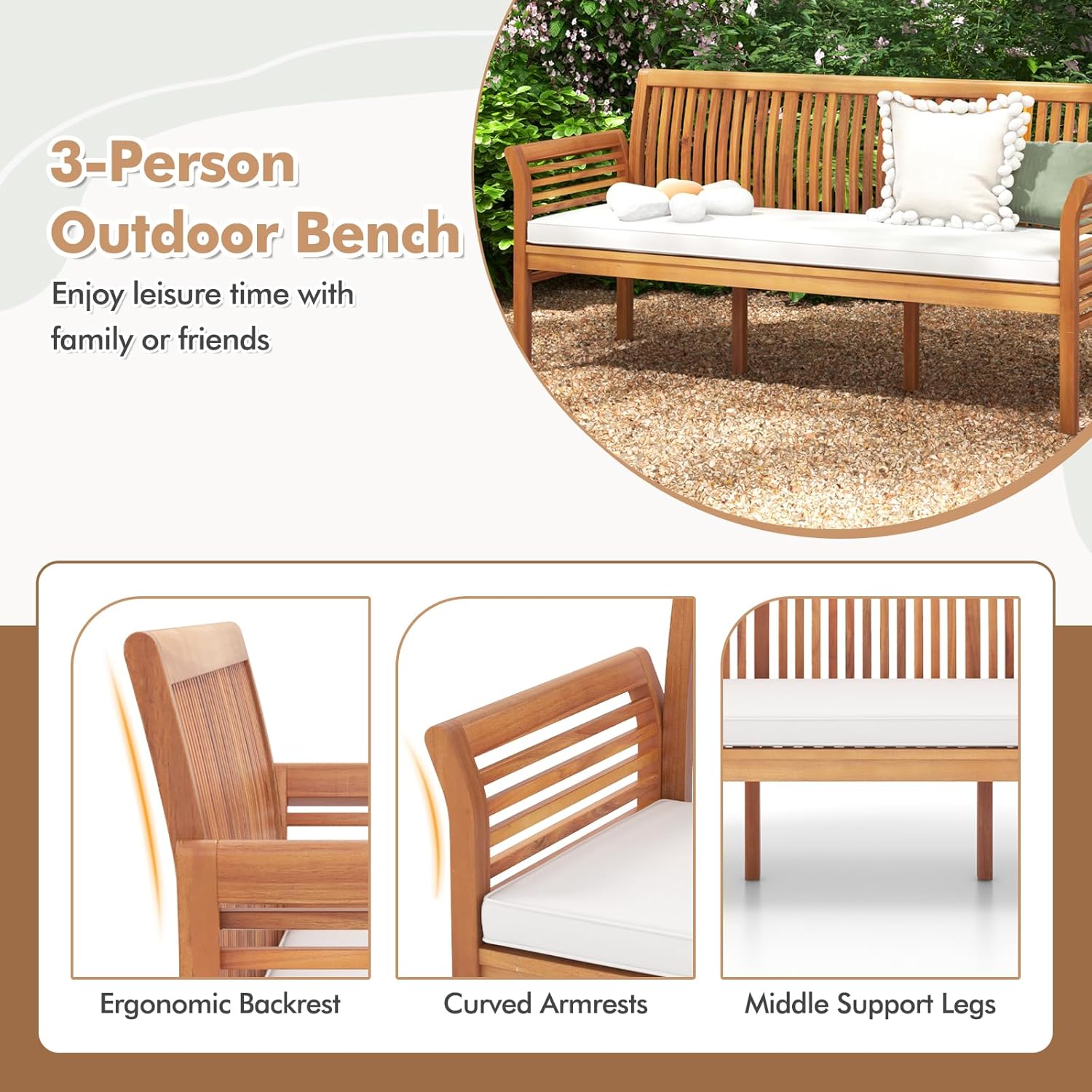 Tangkula 3-Seat Patio Acacia Wood Bench with Cushion, 62.5” Extra Long Outdoor Chair with Dense Slatted Backrest & Armrests, 1200 lbs Weight Capacity, Outside Bench for Yard, Balcony, Porch & Garden