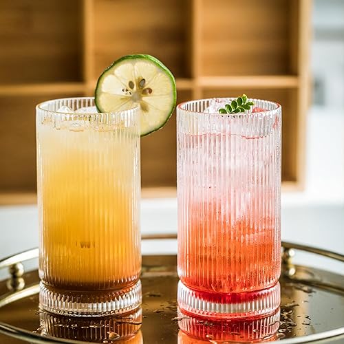 Miniatura 9 de Vasos altos de estilo vintage de 16 onzas juego de 6 cristalería acanalada con tapas y pajitas, perfectos para cócteles, batidos, jugos, cerveza y
