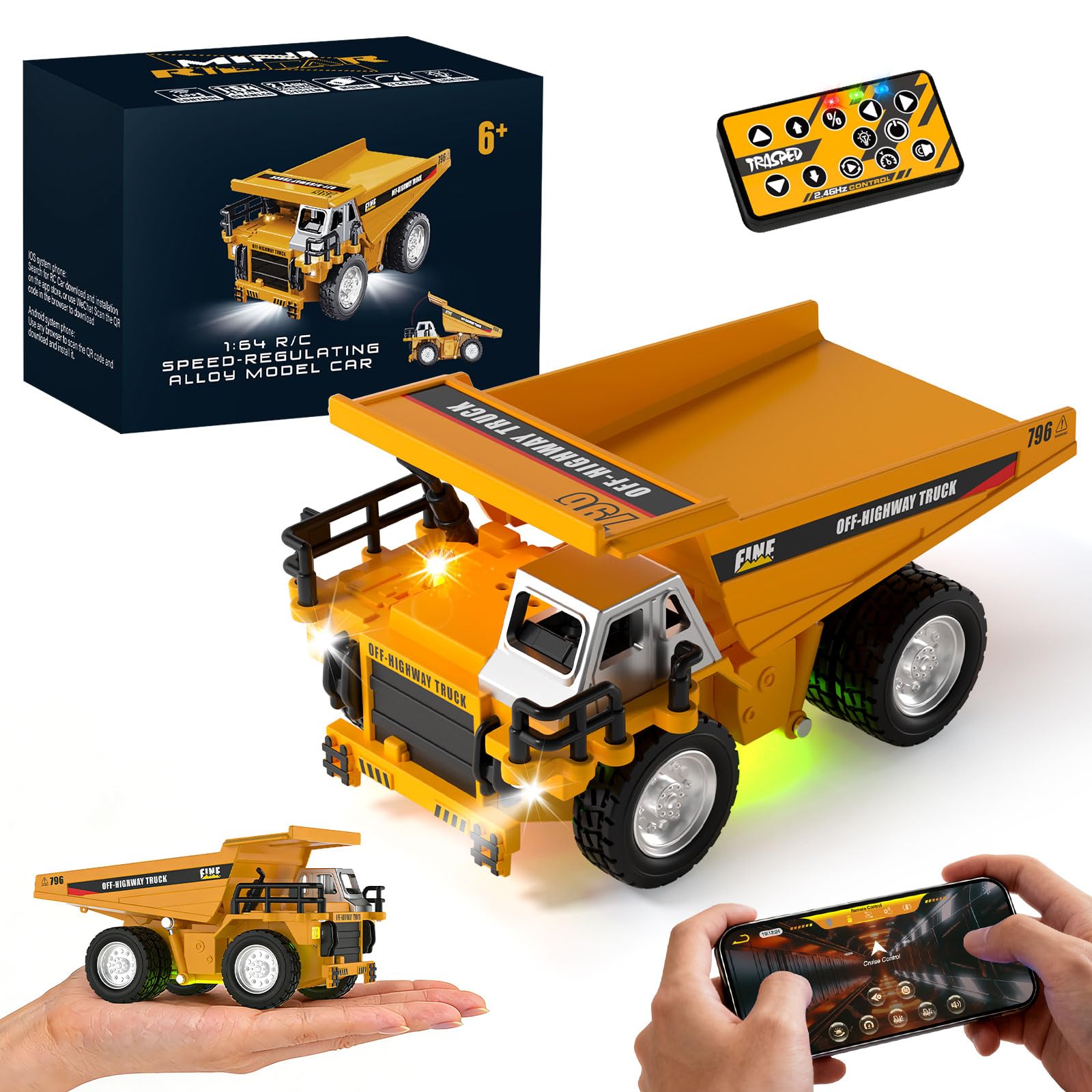 YESHIN Mini RC Muldenkipper aus Metall, Ferngesteuerter LKW Muldenkipper mit APP Steuerung, 3 Geschwindigkeiten, Kippfunktion per Knopfdruck, Licht & Sound, USB Wiederaufladbar, Automatische Demo