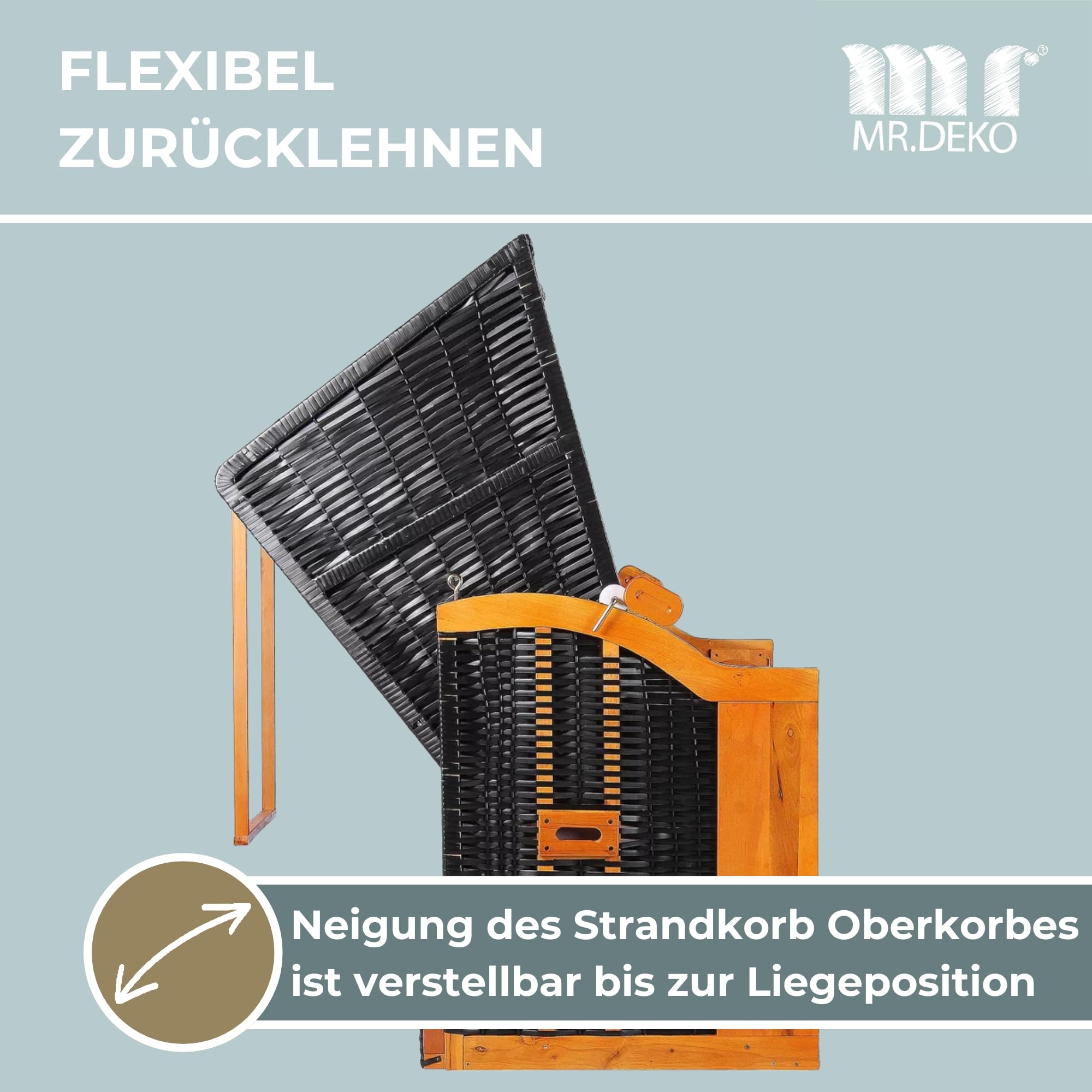 MR. DEKO Strandkorb Ostsee XXL Volllieger | PE Geflecht Schwarz inkl. 6 Kissen | Dessin Royal Anthrazit | Strandstuhl Liegestuhl DreisitzerStrandkörbe aus Hartholz | Garten, Wintergarten und Terrasse