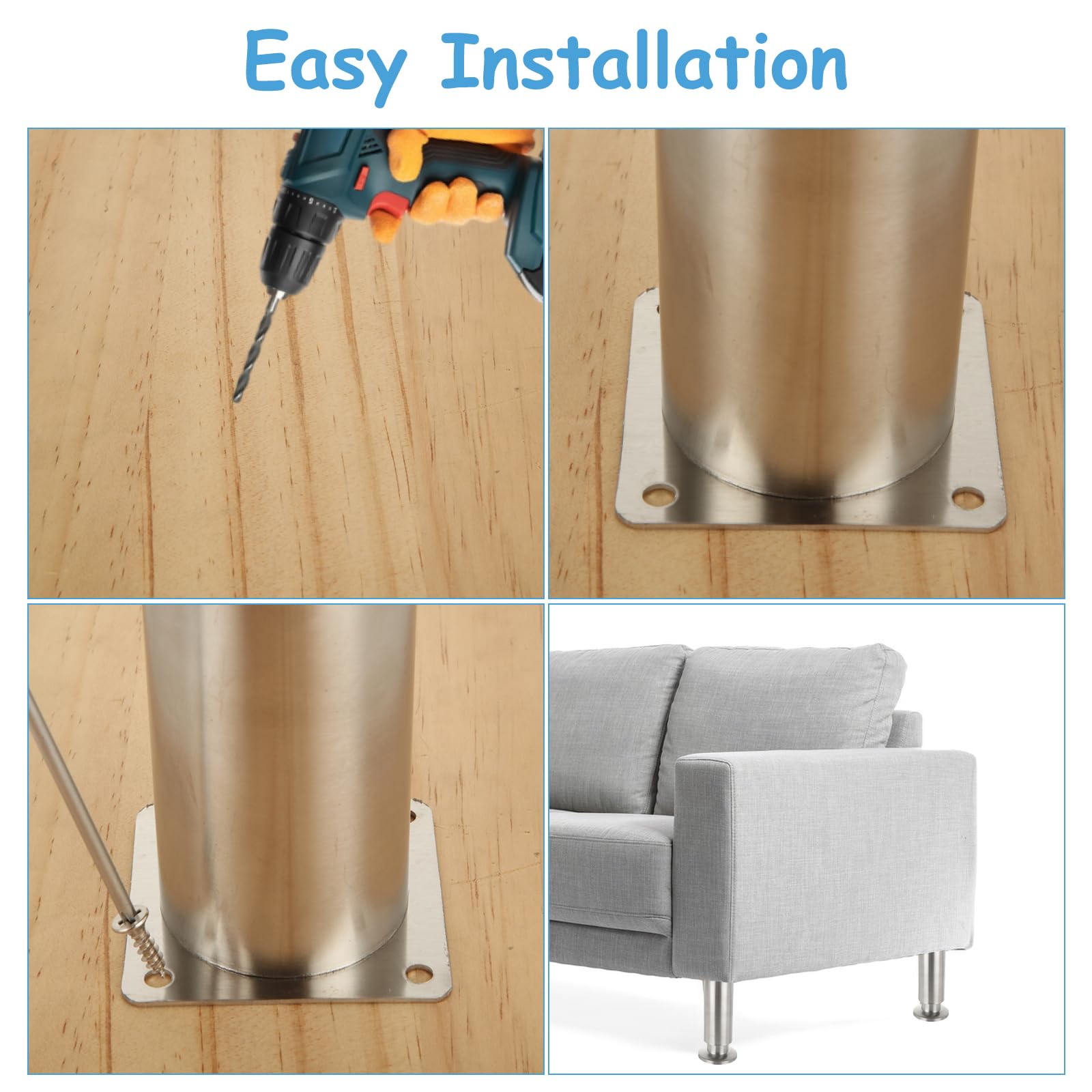 WOPPLXY 8 PCS Furniture Legs 15CM - 6inch Silver Cold Rolled Steel Adjustable Sofa Leg Height 15cm - Furniture Feet Accessories - Image 4