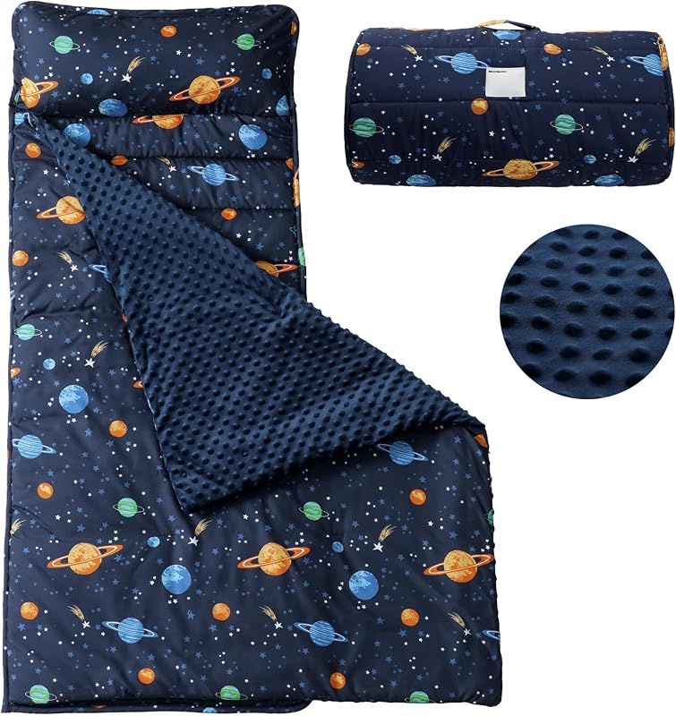 PHF Toddler Nap Mat with Removable Pillow and Minky Blanket, Rollup Design Kids Sleeping Mat, Slumber Bags for Boys, 55"x23" Toddler Sleeping Bag for Daycare Preschool Travel Camping, Space