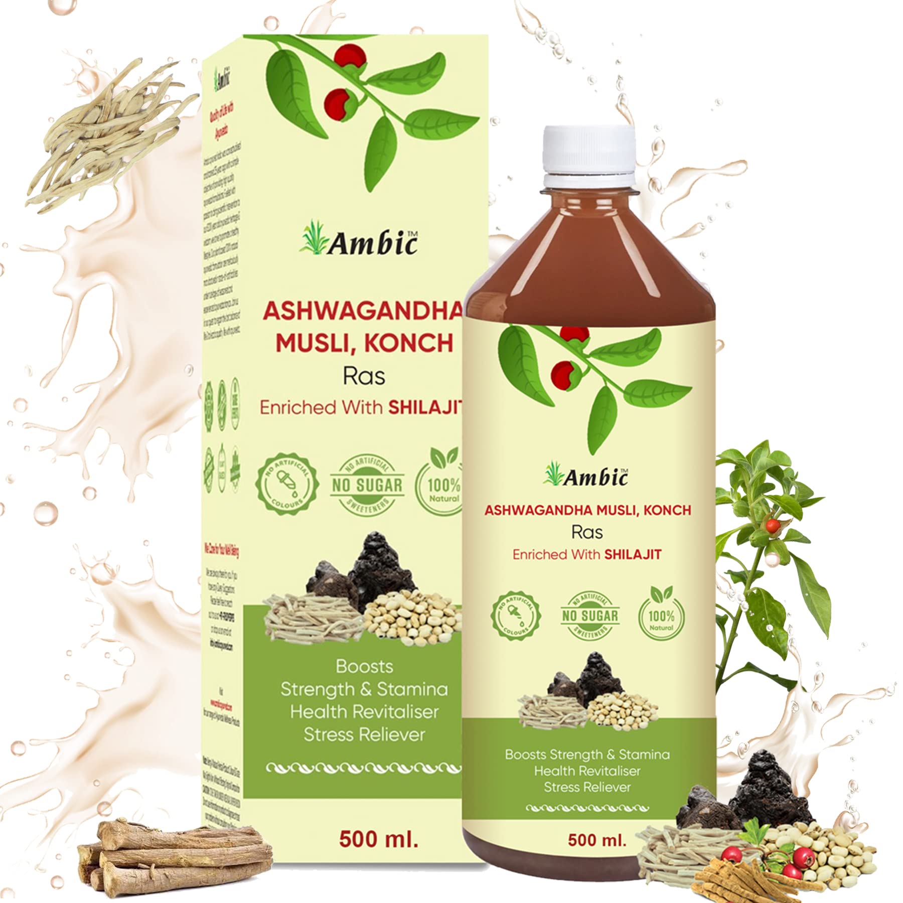 AMBIC Ayurvedic Ashwagandha Leaf Juice - 500ml to Boosts Energy & Immunity, Natural Blend of Ashwagandha Shilajit Musli & Konch Beej Provides Strength & Stamina, Stress Relief & General Wellness (B09KM3H9Y3) Amazon Price History, Amazon Price Tracker