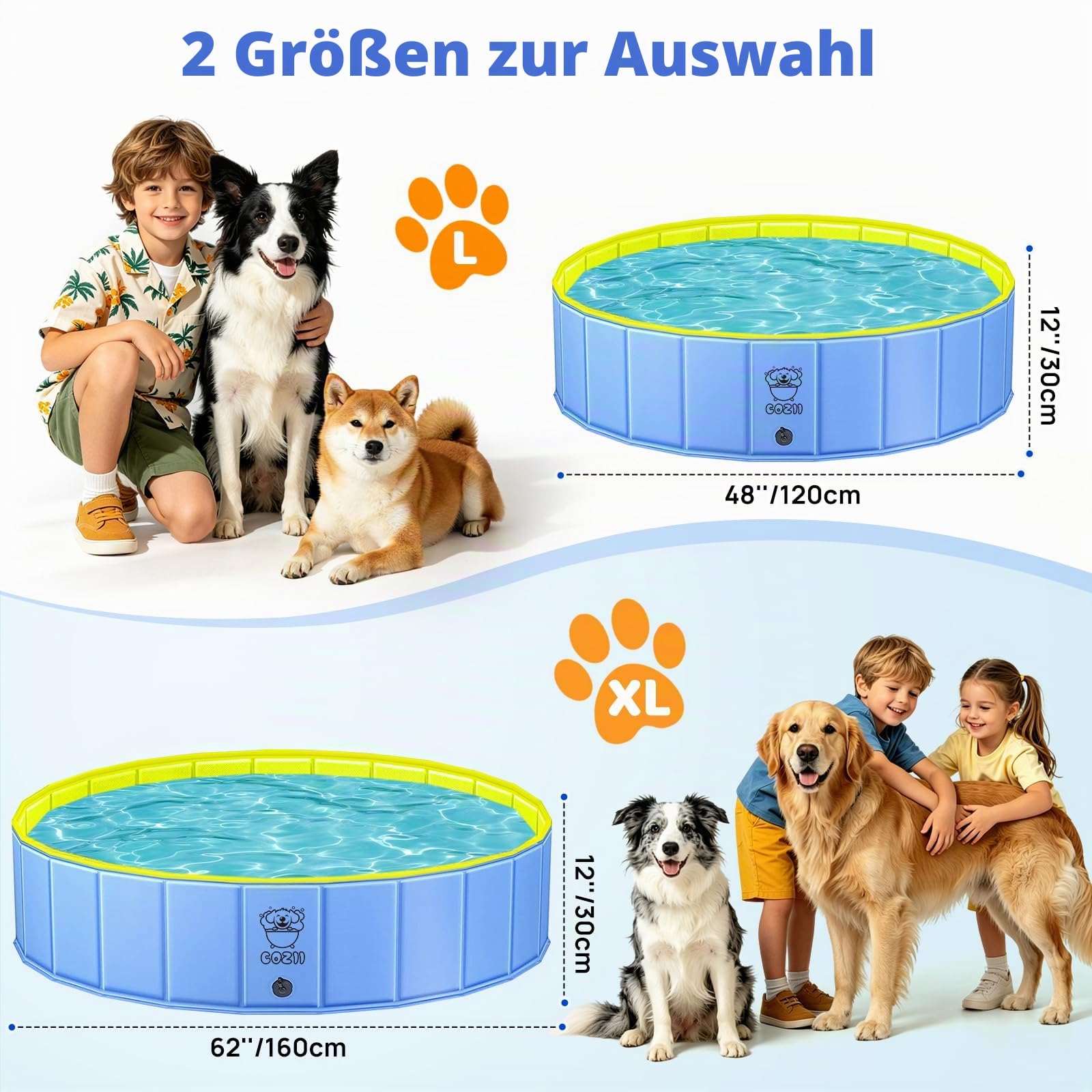 COZII Hundepool 160 x 30cm faltbare Hundebadewanne Planschbecken für Hunde Kinder rutschfest PVC mit Badebürste