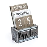 Notakia Perpetual Calendar Wooden Calendar Blocks Vintage Wood Block Calendar for Home Office Desk Accessories Week Month Date Display (Happy Life)