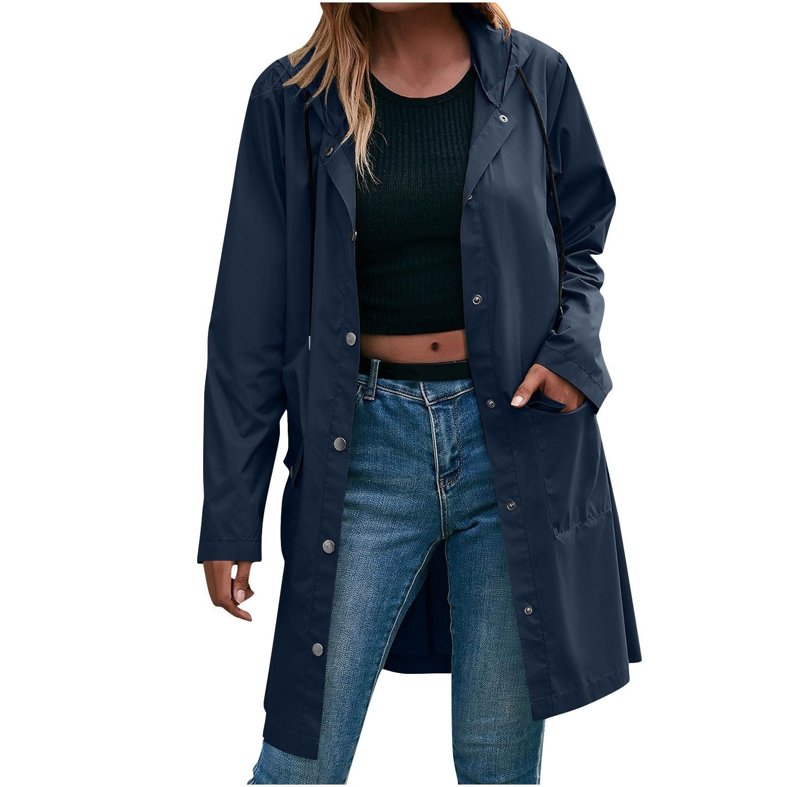 FUPODD Regenjacke Damen Lang Wasserdicht Regenjacke Atmungsaktiv Windjacke Leicht Übergangsjacke Mit Taschen Knöpfen Regenmantel Mittellang Softshelljacke Mit Kapuze Wanderjacke Frauen Windbreaker