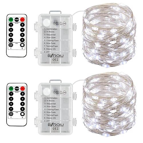BXROIU 2 x Fairy Lights Battery Operated,Silver Wire Chains 8 Mode 16Ft/5Meter 50 LEDs Timer String Lights with Remote Control for Bedroom Christmas Party Wedding Decoration (Cool White) - 2Pack(3AA,not included)Cool White