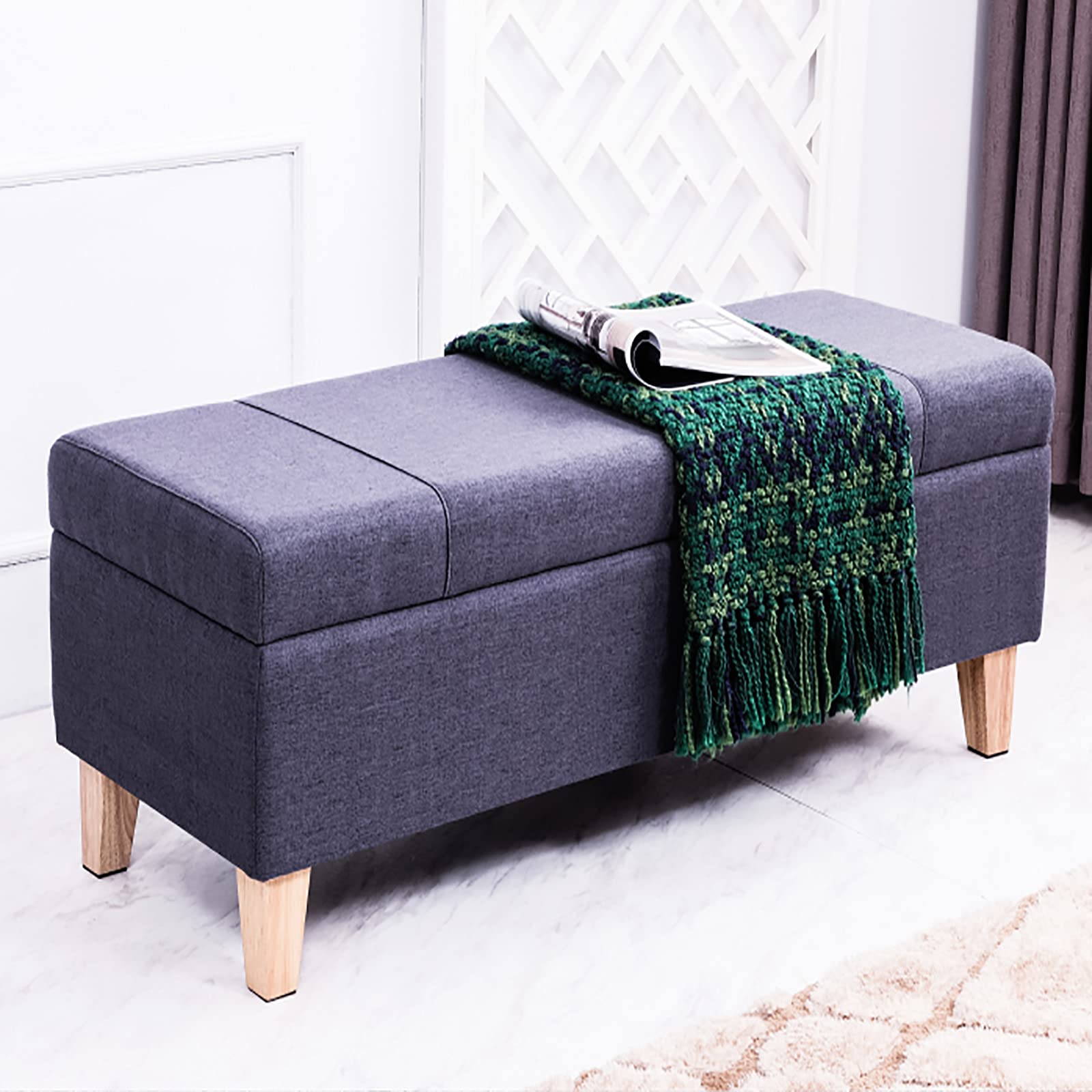Banc de rangement coffre bout de lit en lin repose-pieds gris 90cm