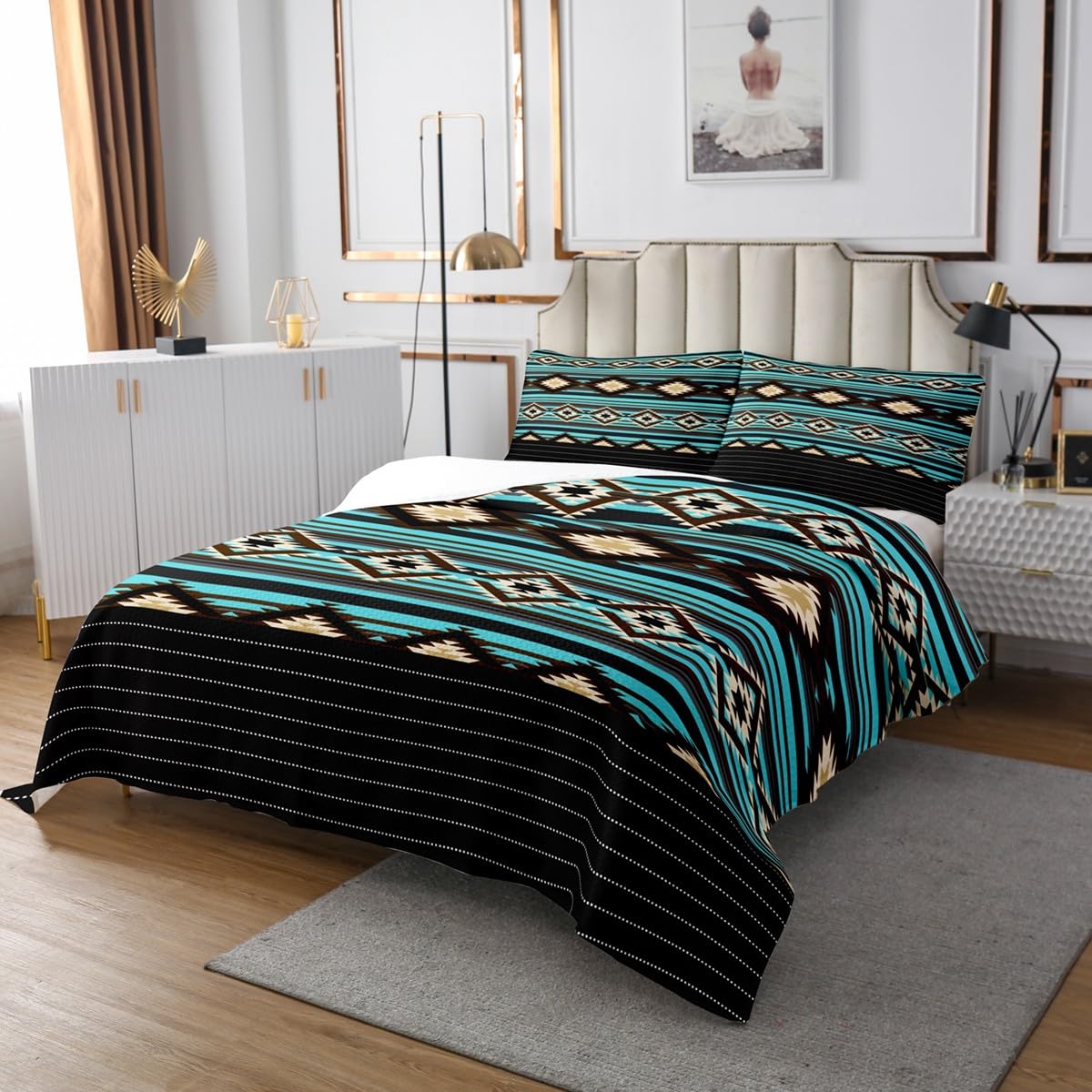 Loussiesd Southwestern zestaw narzut geometryczna pikowana narzuta dla dzieci chłopców dziewcząt wystrój pokoju plemienny pikowana narzuta pojedynczy rdzenny Amerykanin design zielony żółty pikowany
