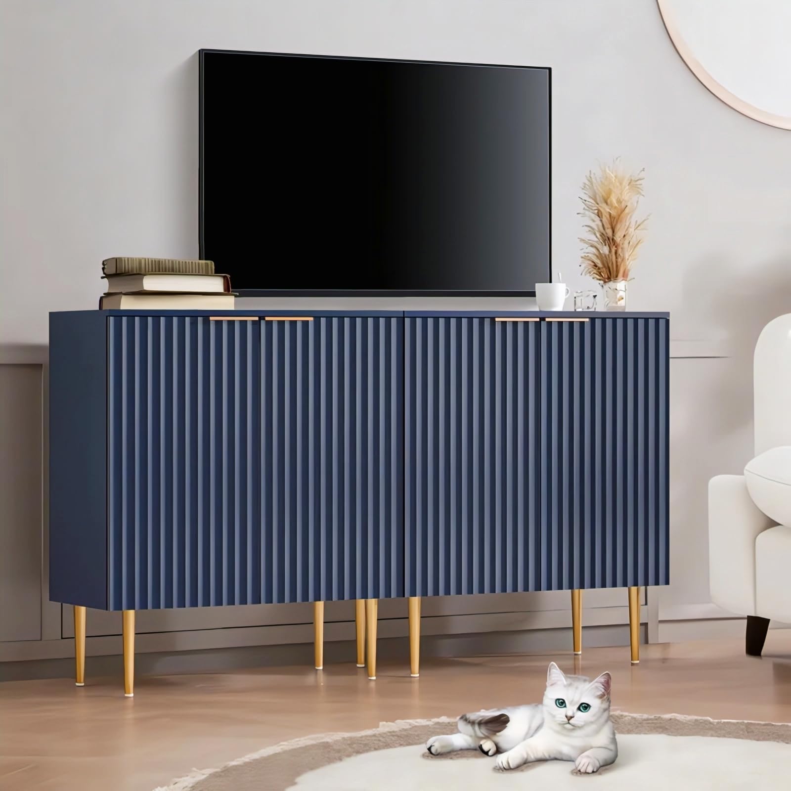 Floated Panel Solid Wooden Sideboard Cabinet | 4 Door Storage Unit with Metal Legs | Premium HDMR Wood Console Cabinet for Living Room, Kitchen & Dining | DIY Leg Assembly | Blue-image-32