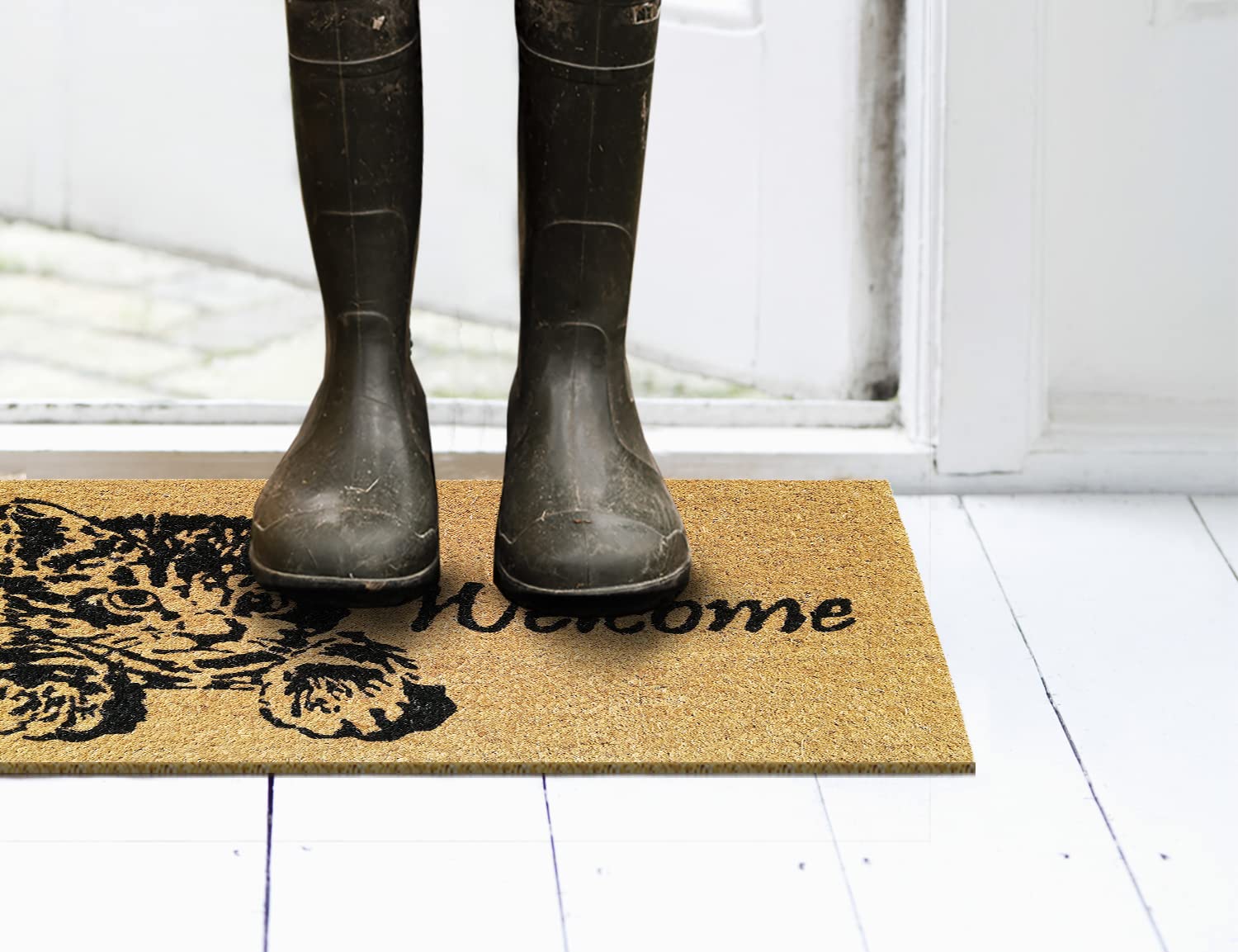Banzaii Zerbino Ingresso Casa in Fibra di Cocco 40x70 cm, Tappeto Porta con Base Antiscivolo, Resistente e Ideale per Interno ed Esterno - Welcome Gattino