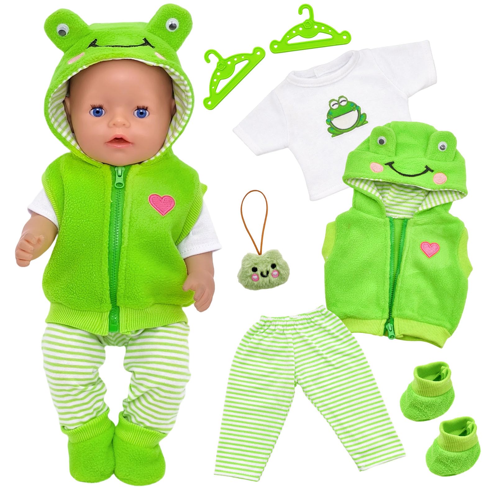 WanderGo Baby Doll Clothes 43 cm, 7-piece Outfit with Vest + Top + Pants + Socks + Ornament + 2 Hangers Small Frog Motif Baby Dolls Clothes for 14-18 inch dolls (without doll)