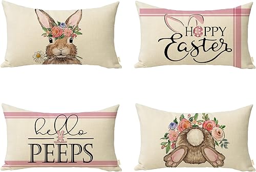 Fjfz Juego de 4 fundas de almohada decorativas lumbares con diseño de huevo de Pascua feliz de conejito de 12 x 20 pulgadas rectangulares con diseño