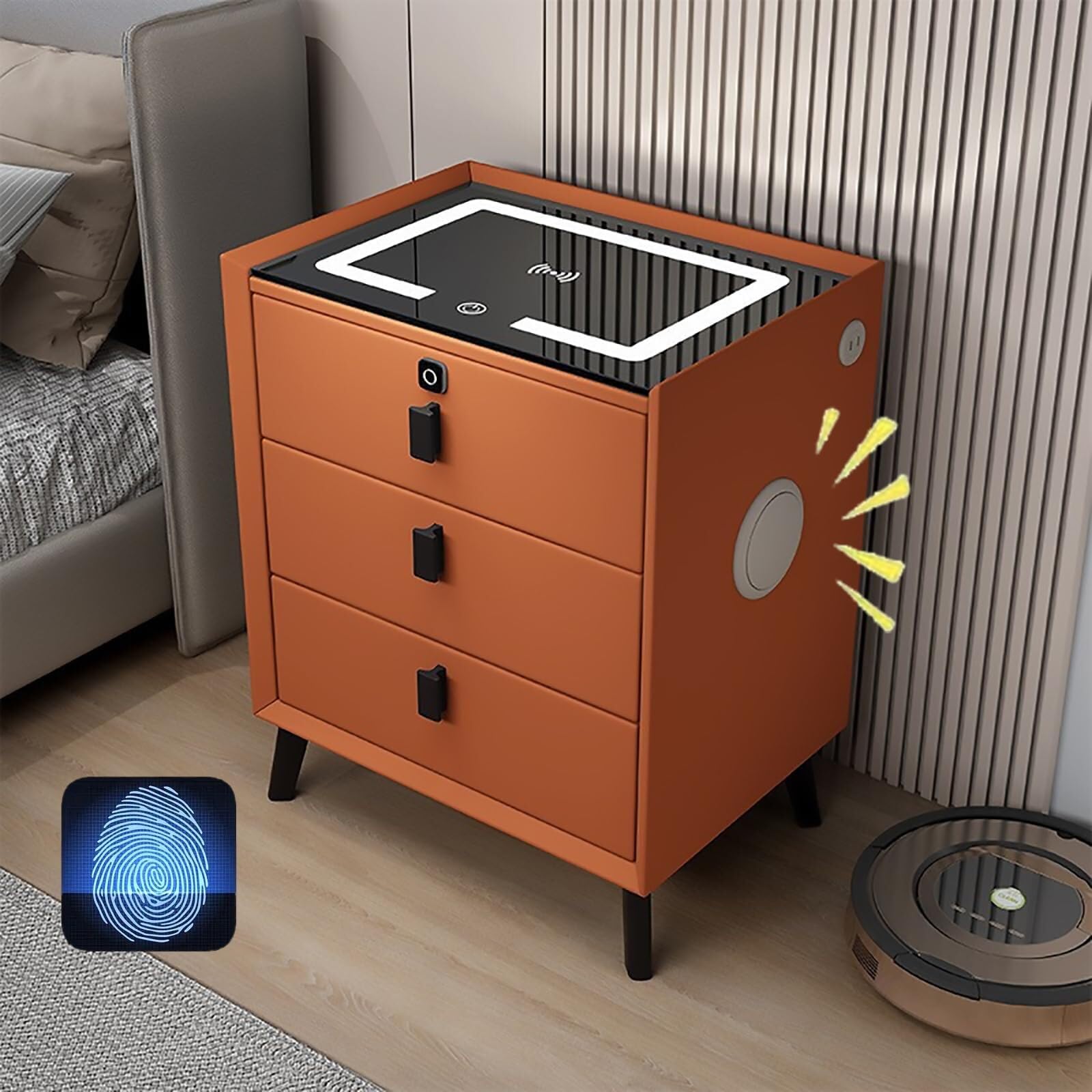 Mesa auxiliar con altavoz Bluetooth con carga inalámbrica, multifuncional, con luces LED, 2 puertos, diseño moderno para dormitorio y sala de estar