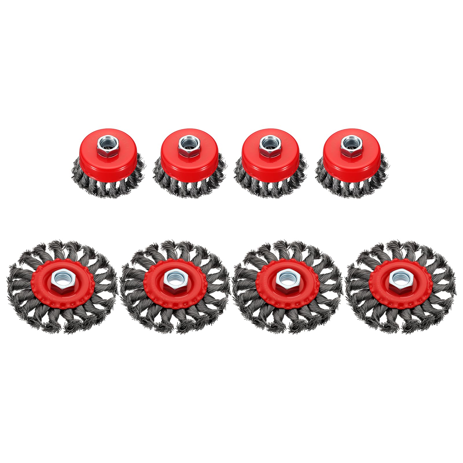 DTGN Spazzole a Tazza e a Ruota 3" e 4" 8pz | 4 Tazza 3",4 Ruota 4",Filo d'Acciaio Carbonio Annodato,Rimozione Ruggine,per Smerigliatrice,con Albero 5/8\"-11
