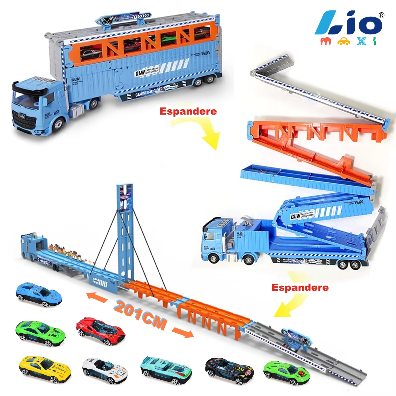 Camion Giocattolo per bambini, 201cm Pista da Trasporto Pieghevole Auto Eiettabile e 8 Auto da Corsa in Metallo, camion Porta Macchinine con Luci e Suoni, Regali per Bambini di 3 4 5 6+ Anni