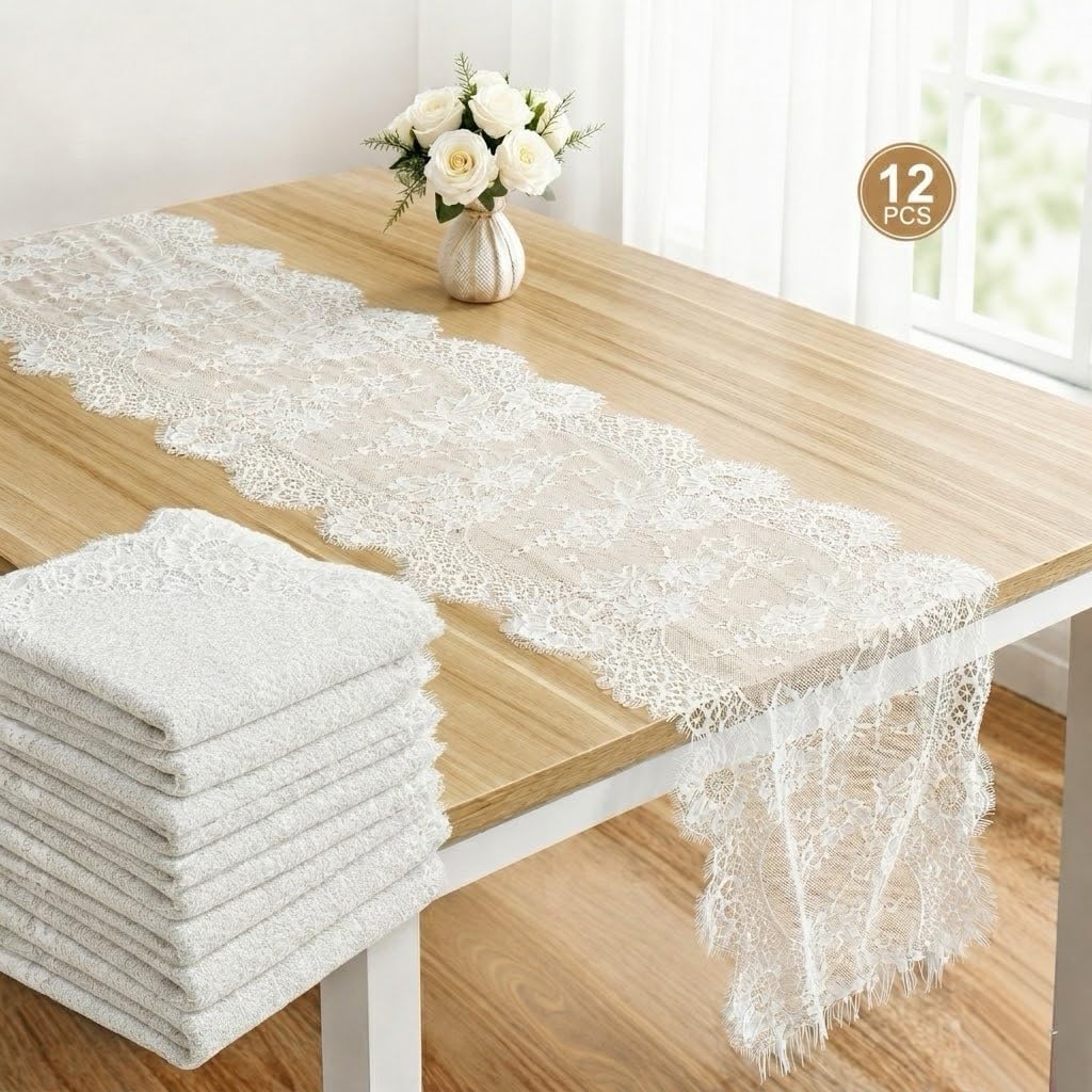 12 Pack White Lace Table Runner 14 x 120 Inch, Vintage Rose Embroidered Lace Runner for Wedding Bridal Shower Baby Shower, Rustic Boho Lace Runners for Tables Party Farmhouse Decor