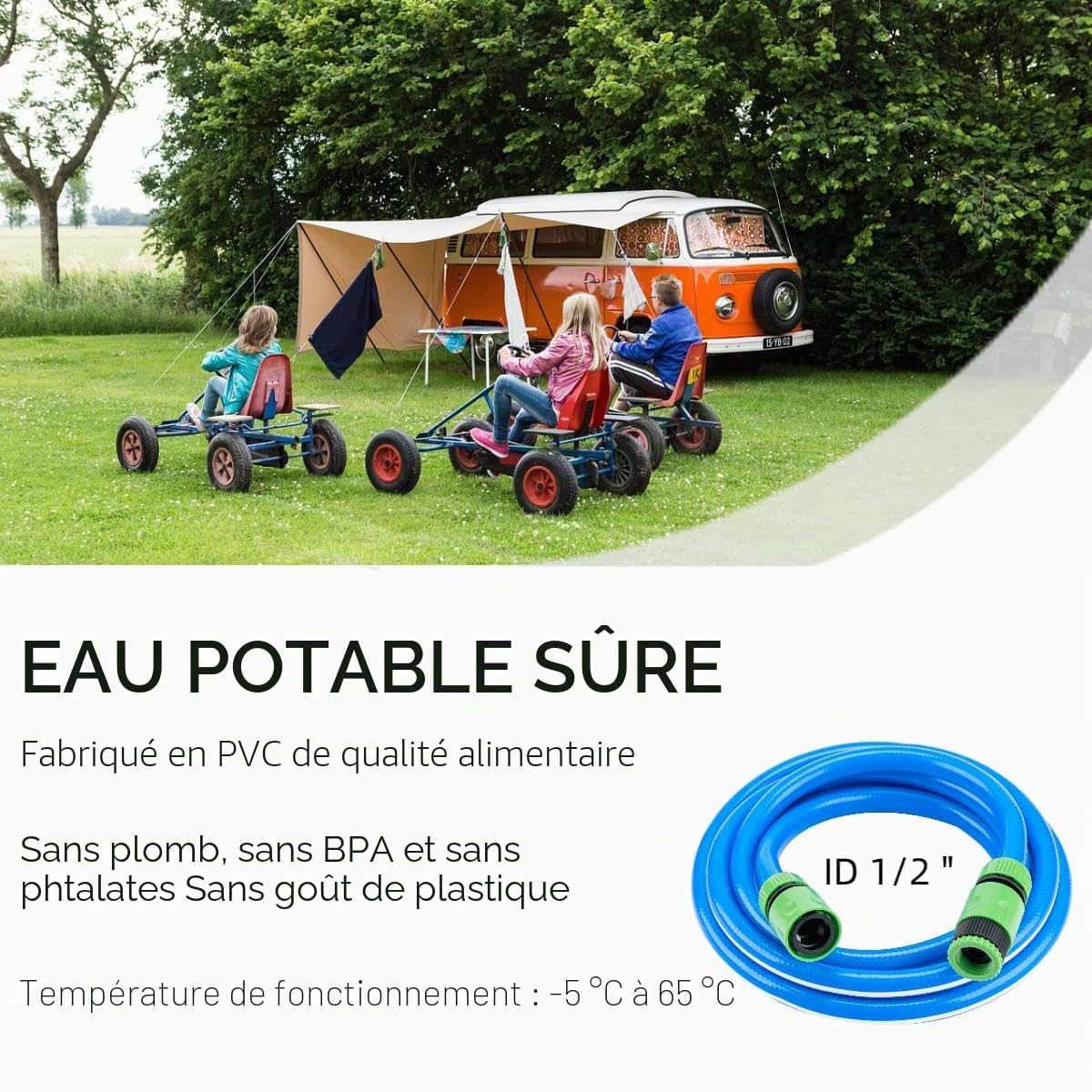Tuyau d'arrosage de qualité alimentaire avec ensemble de raccords de tuyau pour eau potable, caravane, camping-car et camping-car, 12 mm x 16 mm de diamètre extérieur