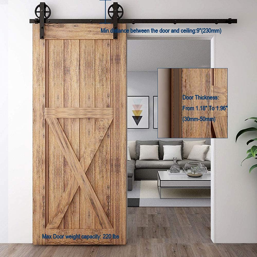 CCJH Kit de ferrures de porte coulissantes 200 cm - Rail de suspension pour porte simple en bois (grande roue style 01) - Noir