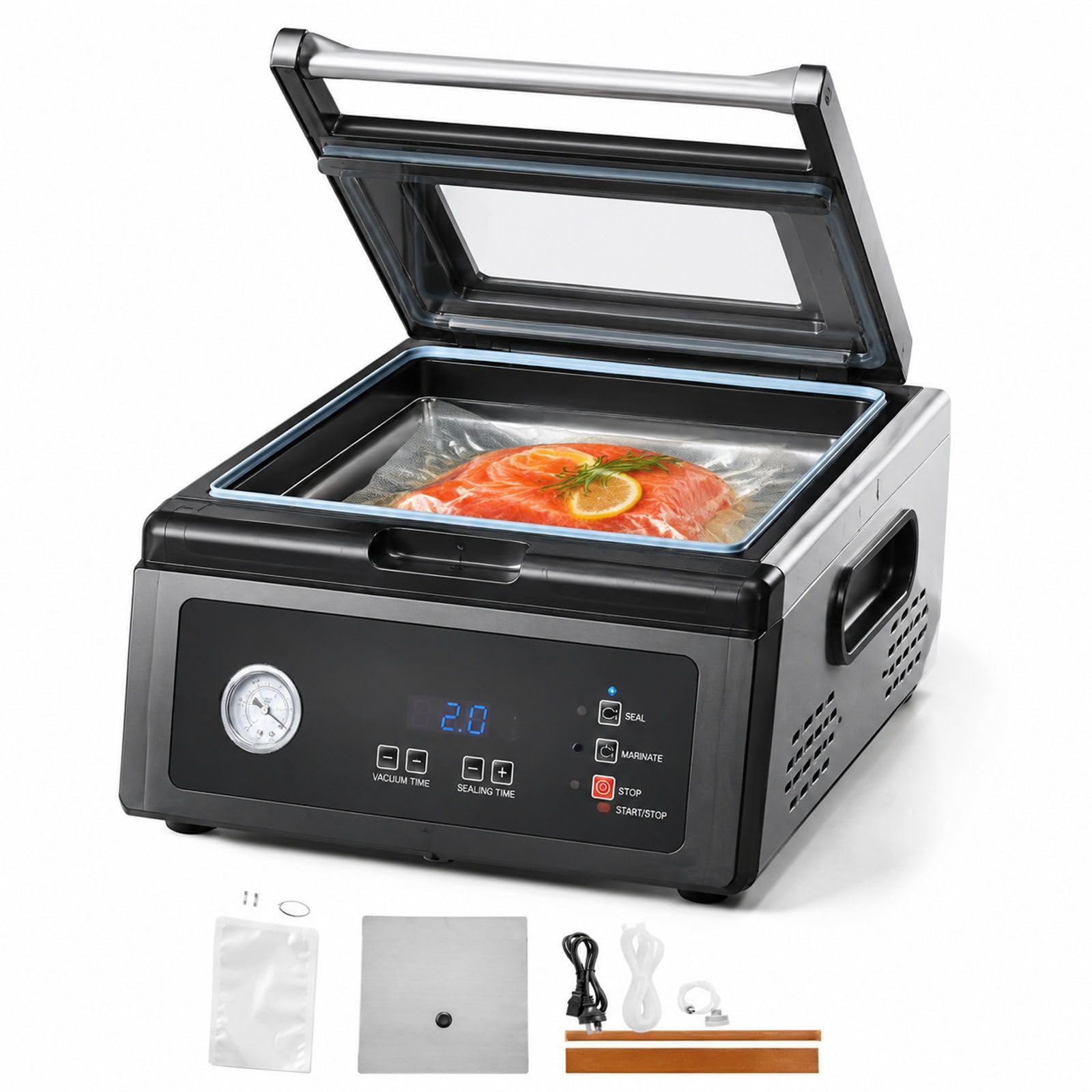Machine sous vide à chambre 380 W, scelleuse d'emballage pour aliments humides et secs, acier inoxydable avec verre trempé
