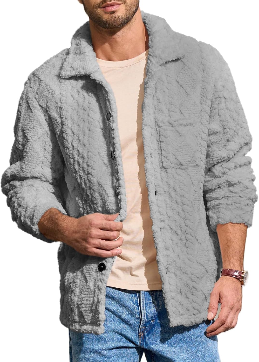 Yousify Mens Fuzzy Sherpa Jacket Fleece Casual Button Down Textured Coat Fall Winter Warm Outwear