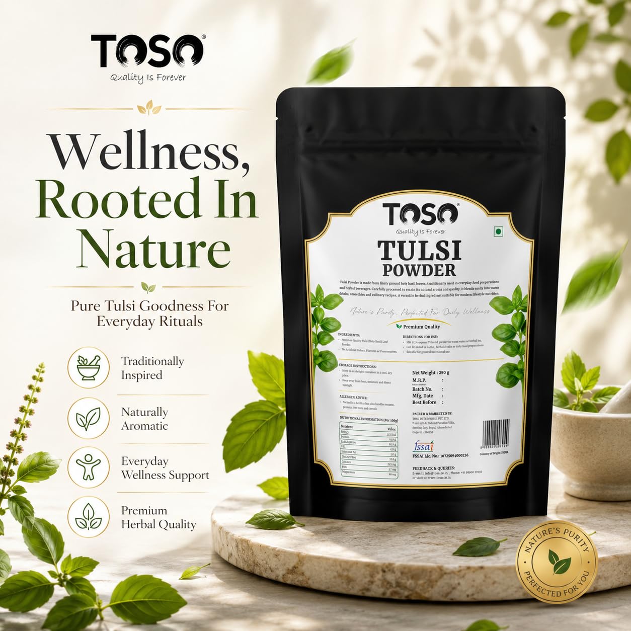TOSO 100% Pure Tulsi Powder 250g | Fine Ground Holy Basil Leaf Herbal Tea & Kadha Supplement | High Immunity & Cold Care | Pure Organic Ocimum Sanctum Leaves Powder | Pack of 1 — Amazon image 2