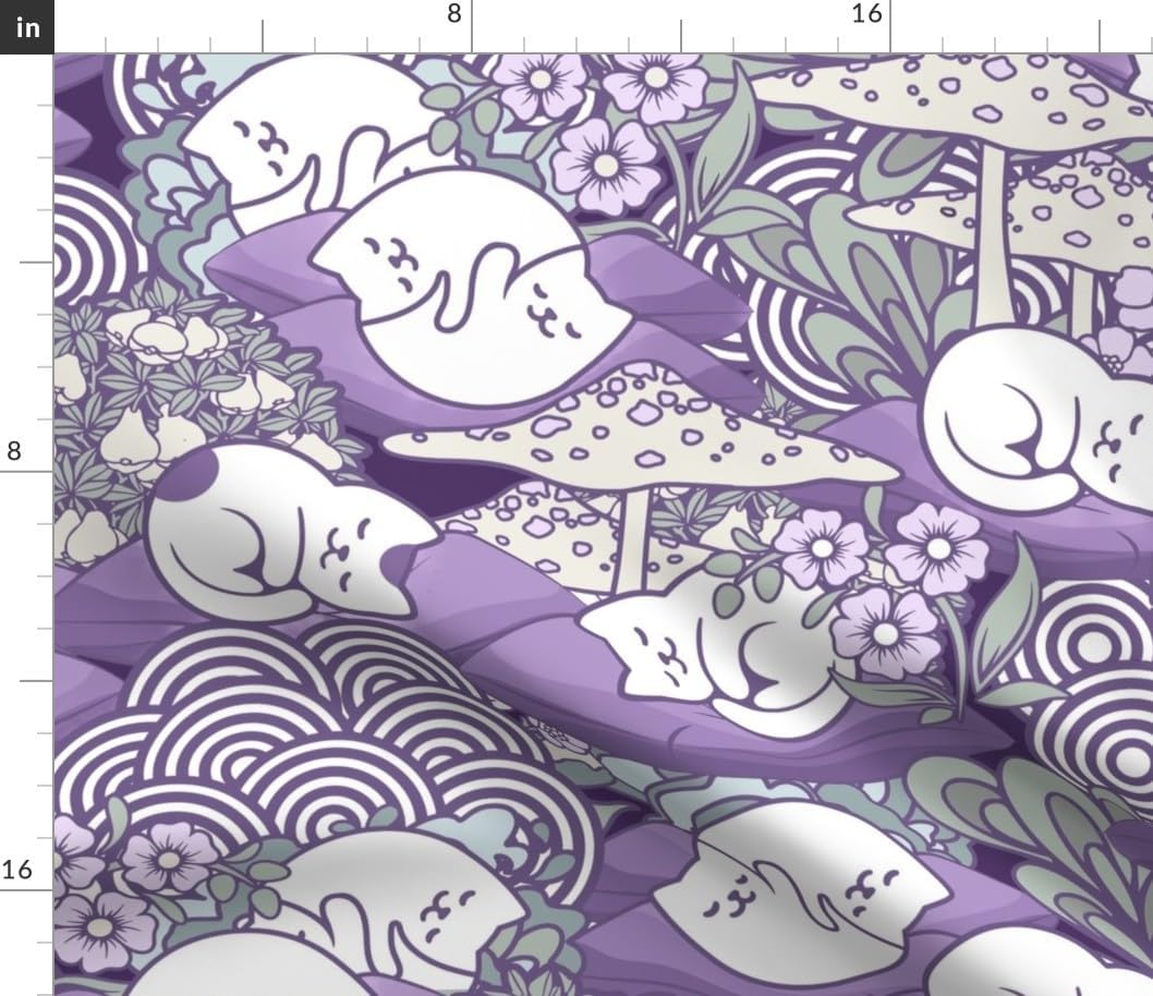 Spoonflower Fabric - Sleeping Cats Whimsical Purple Gray Toadstools Kawaii Kittens Printed on Petal Cotton Fabric by the Yard - Sewing Quilting Apparel Crafts Decor