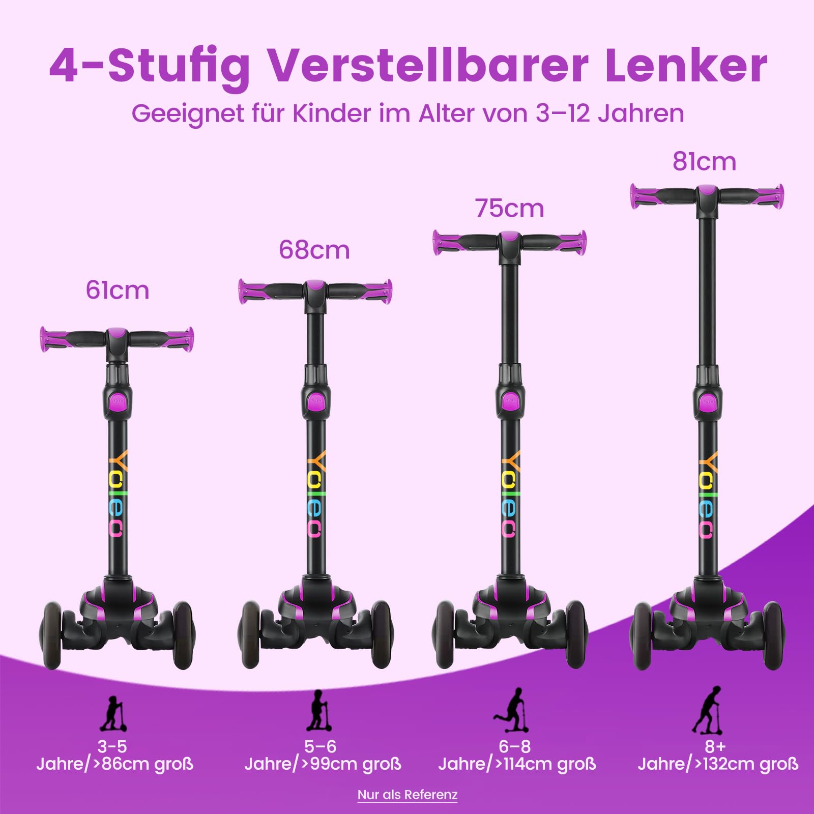 YOLEO Roller Kinder für 3–12 Jahre, Kinder Roller mit 4 Verstellbaren Höhen, Leuchtenden Räder Kinderroller, Stoßdämpfendes Design, Leicht zu Lenken, Balance-Trainings-Roller für Kinder