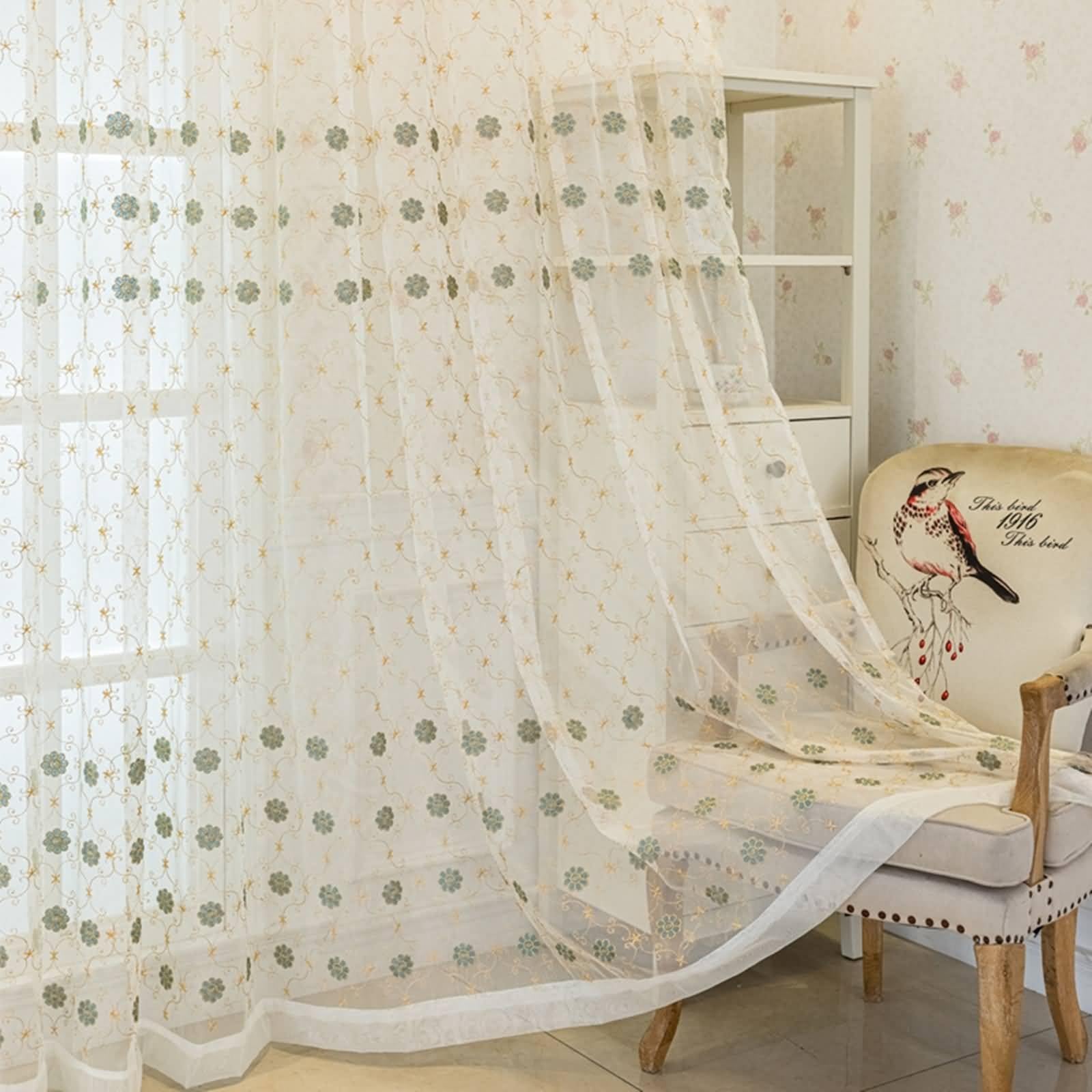 Niebieskie złote zasłony okienne, poliestrowa zasłona wiejska ze wzorem kwiatów i winorośli, 102 x 244 cm (szer. x wys.) - 2 szt