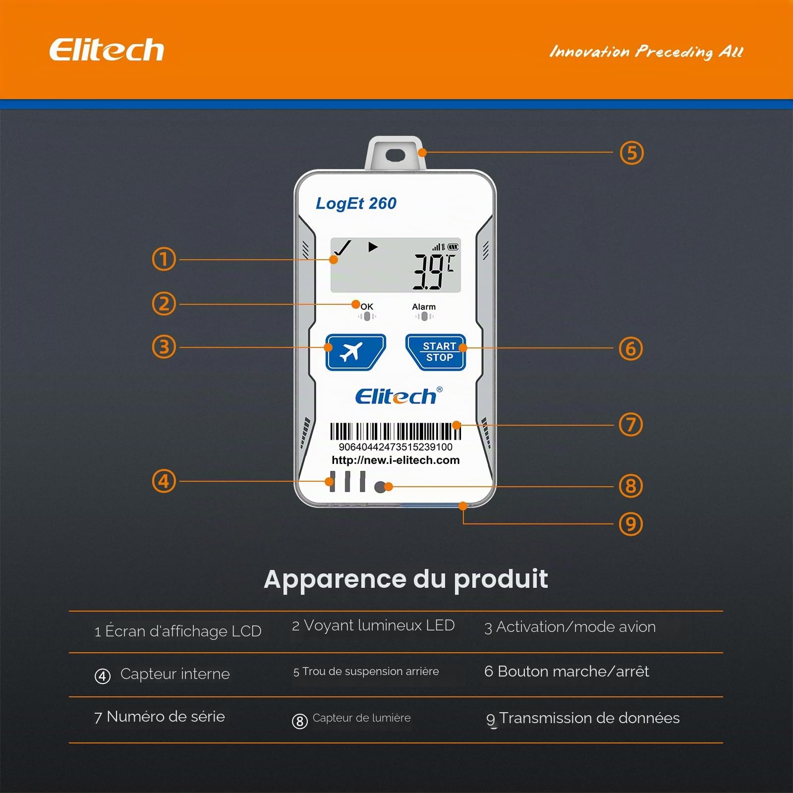 Elitech 4G Enregistreur de Données Température Humidité Sonde Externe Réutilisable Lumière/Choc/Emplacement Intégré Données d'ombre SIM intégrée Stockage SMS E-mail APP Alarme Web 100 000 Points