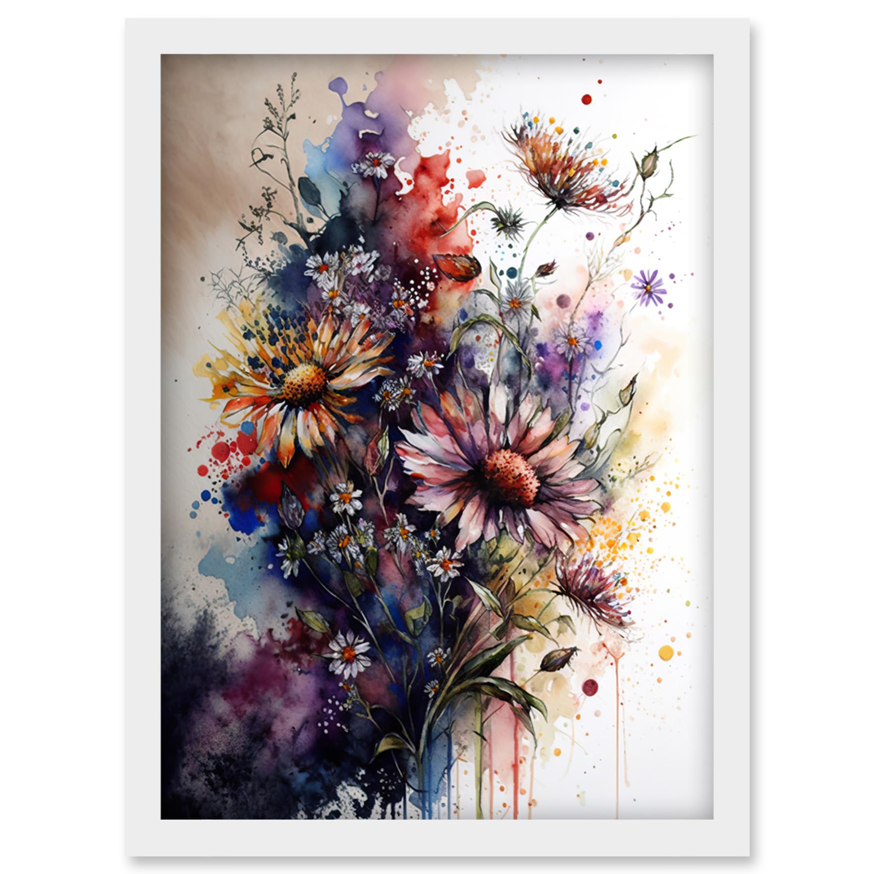 Artery8 Flower Bouquet Watercolour Splat Framed Wall Art Print A4