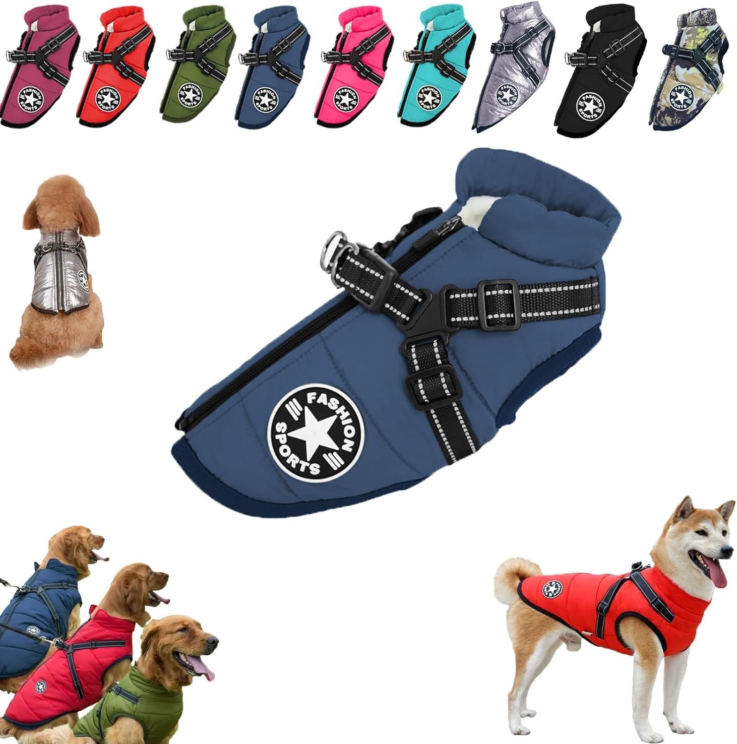 Pawbibi Sport - Waterproof Winter Jacket with Built-in Harness, Pawbibi Warm Dog Jacket, Reflective & Adjustable Pet Vest Harness, Waterproof Windproof Dog Winter Warm Coats (Color : Blue, Size : S