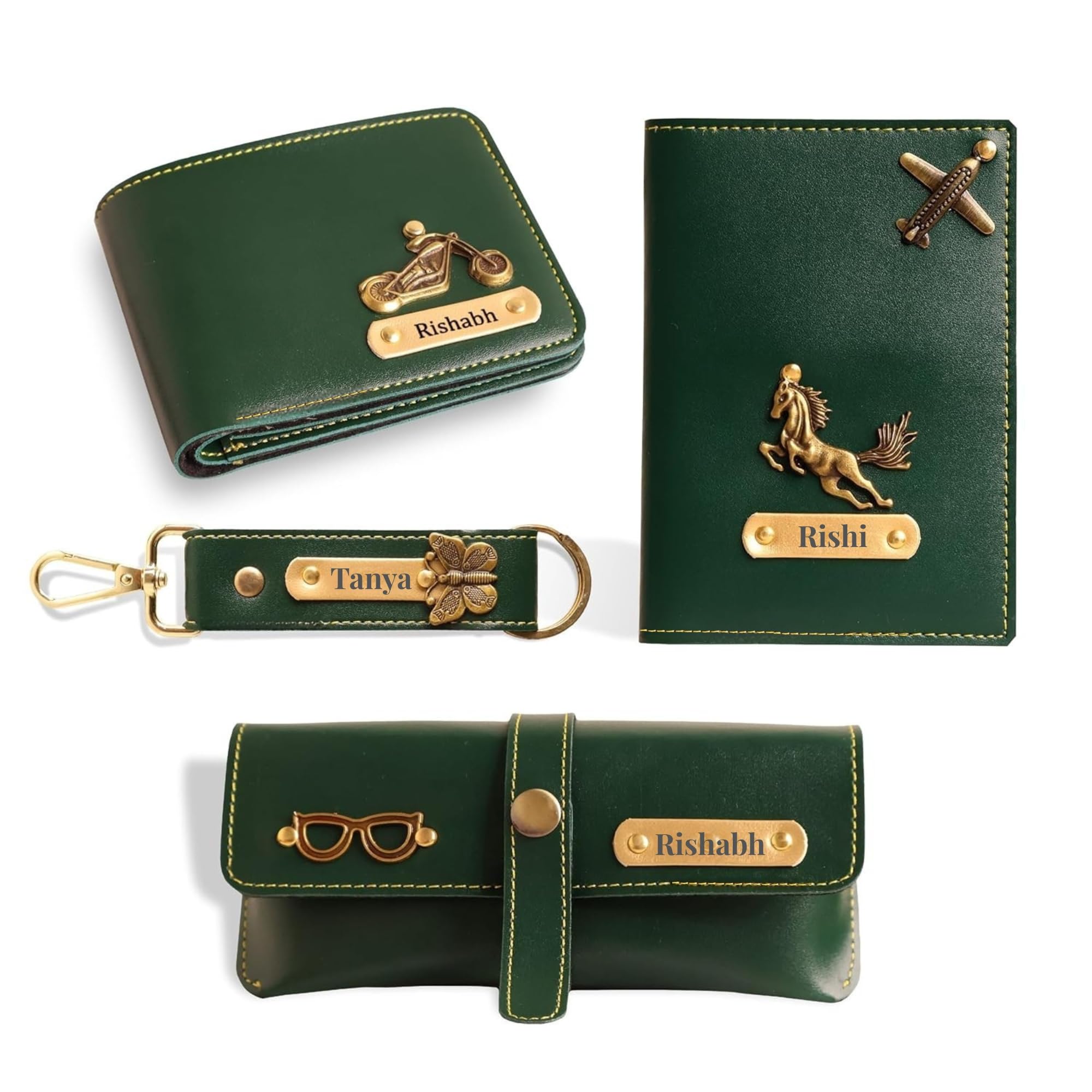 pijera Personalized Men's Gift Combo (4 Pcs) - Customized Leather Wallet, Keychain, Eyewear Case & Passport Cover with Name | Gift for Brother, Husband, Boyfriend, Father (Green)-picture-31