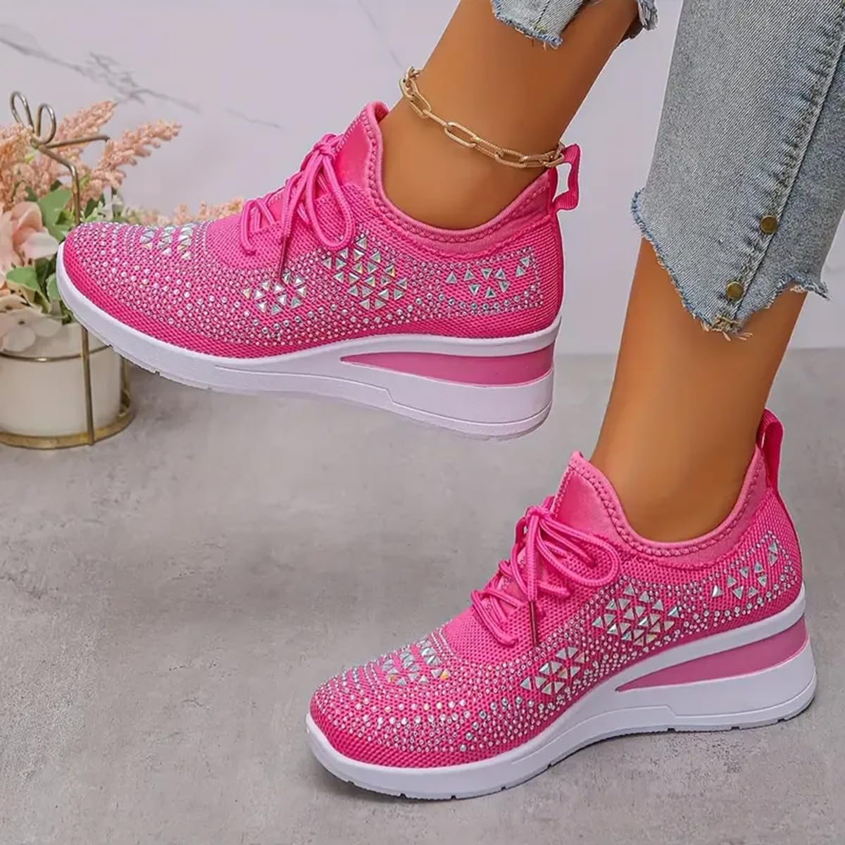 Donna Glittery Rhinestone Fashion Breathable Wedge Sneakers, Sparkly Platform Trainers Lightweight Comfy Slip On Walking Shoes, Rosa, 40 EU