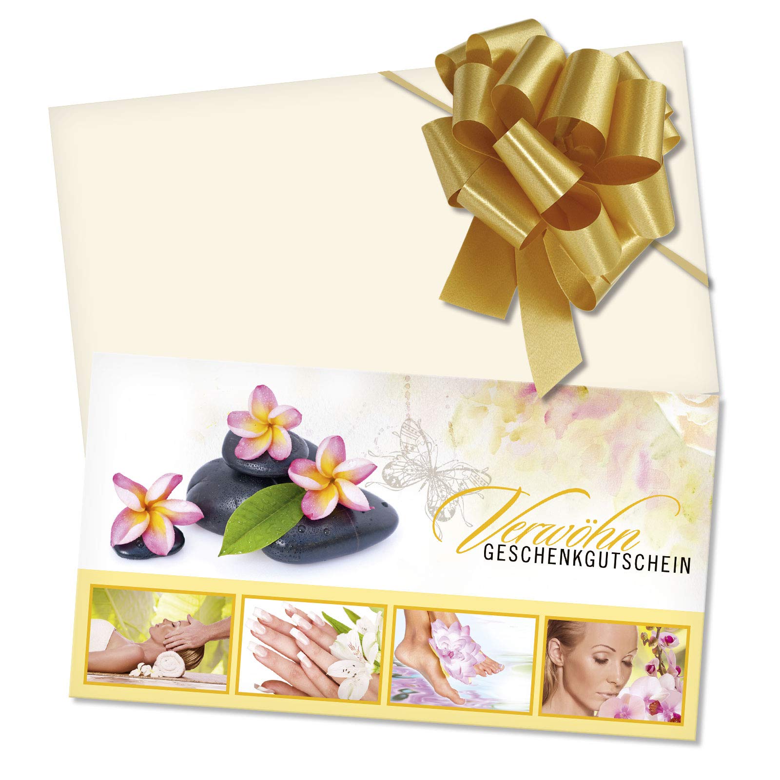 GESCHENKGUTSCHEINcom - 50 Gutscheine mit Umschlag/Schleife für Kosmetikinstitut Kosmetik Wellness - Geschenkgutschein-Vordruck blanko KS1234-2-50