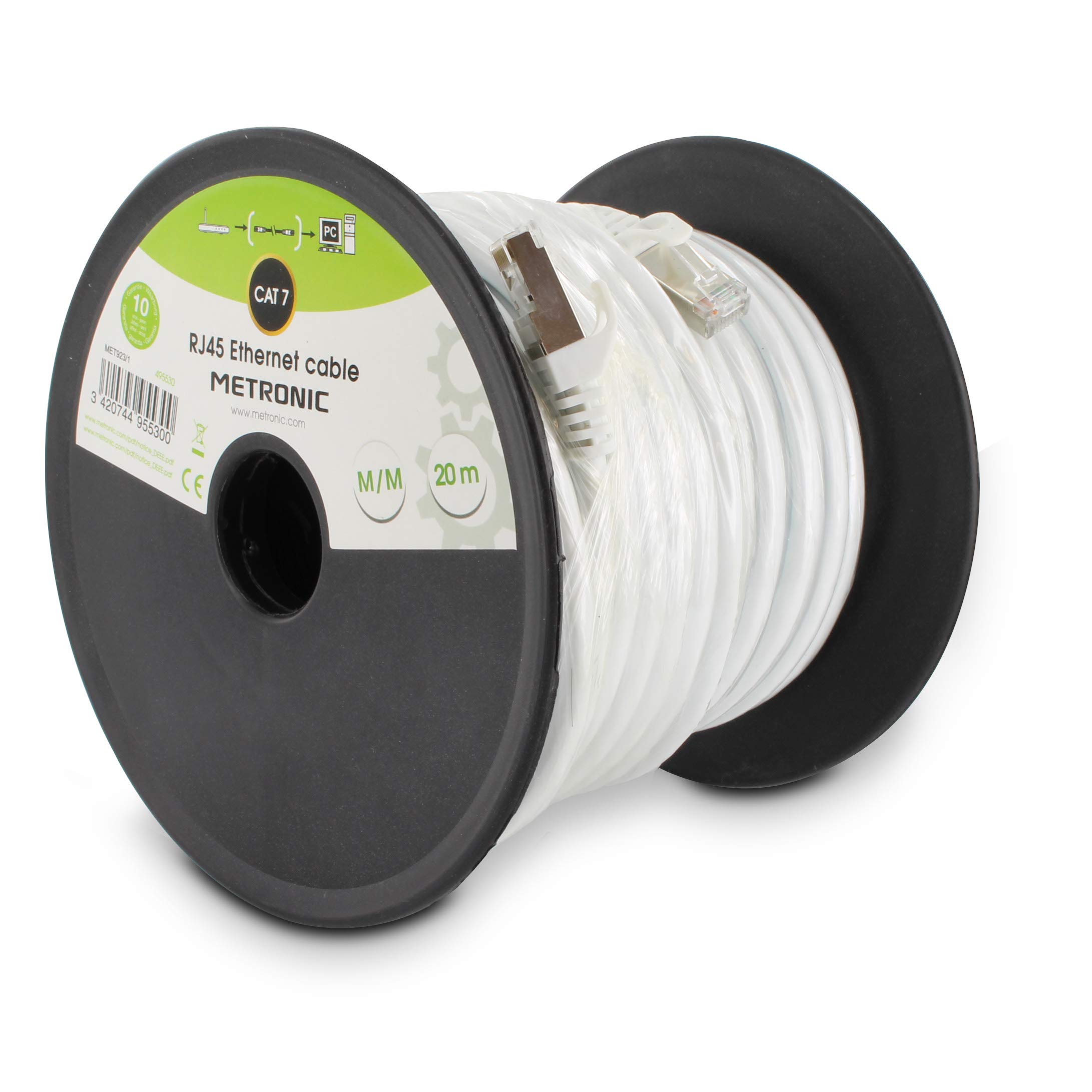 Metronic 495530 - Cable de Red Ethernet RJ45 CAT7 UTP AWG26, Compatible CAT6 Blanco, Cable de conexión, latiguillo de 20mts, Macho/Macho