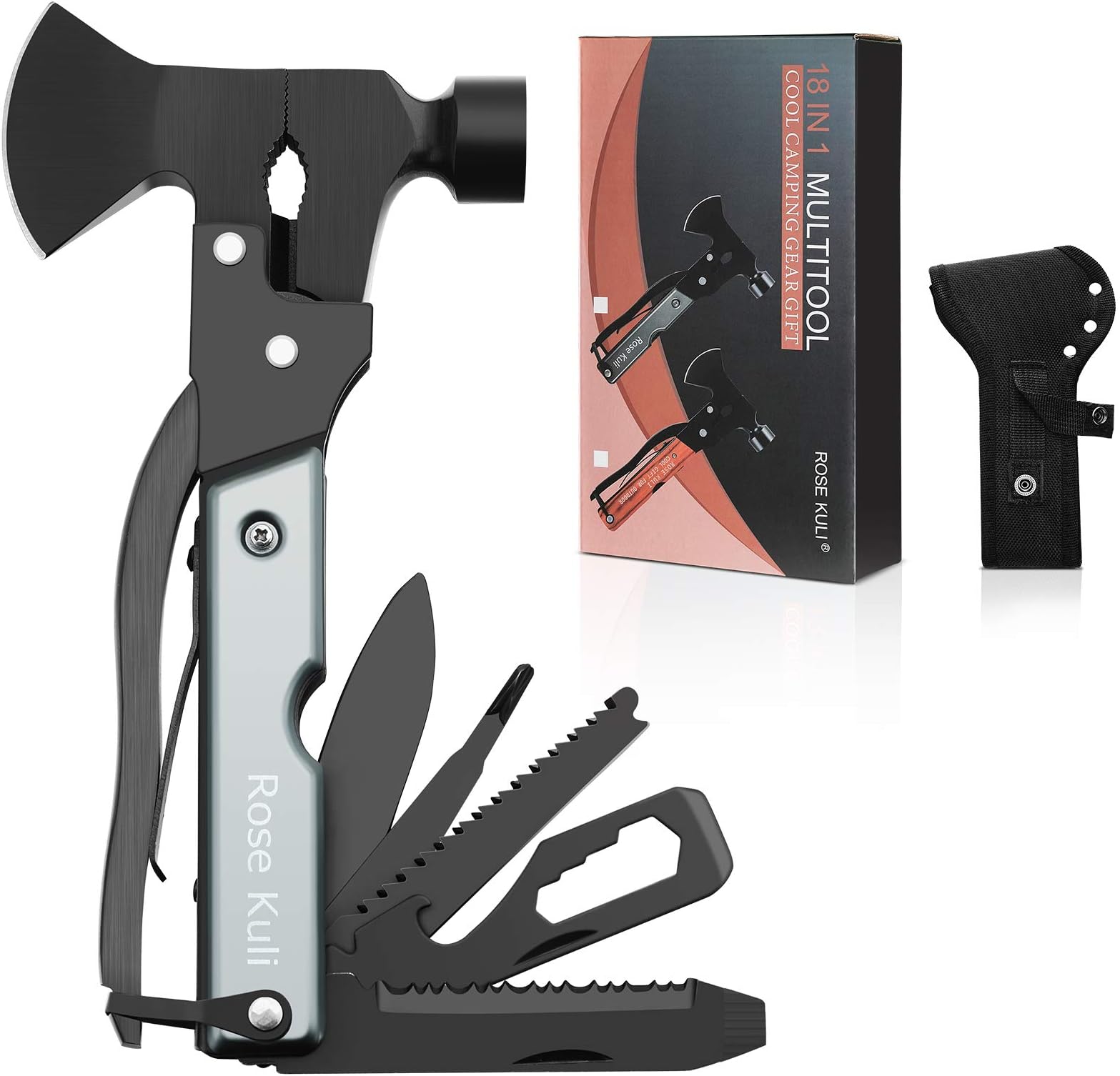 Camping Multitool, 18 in 1 Hatchet Survival Compact Multi Tools with Knife Axe Hammer Saw Screwdrivers Pliers Bottle Opener for Hunting Hiking Fishing Accessories Gifts for Men