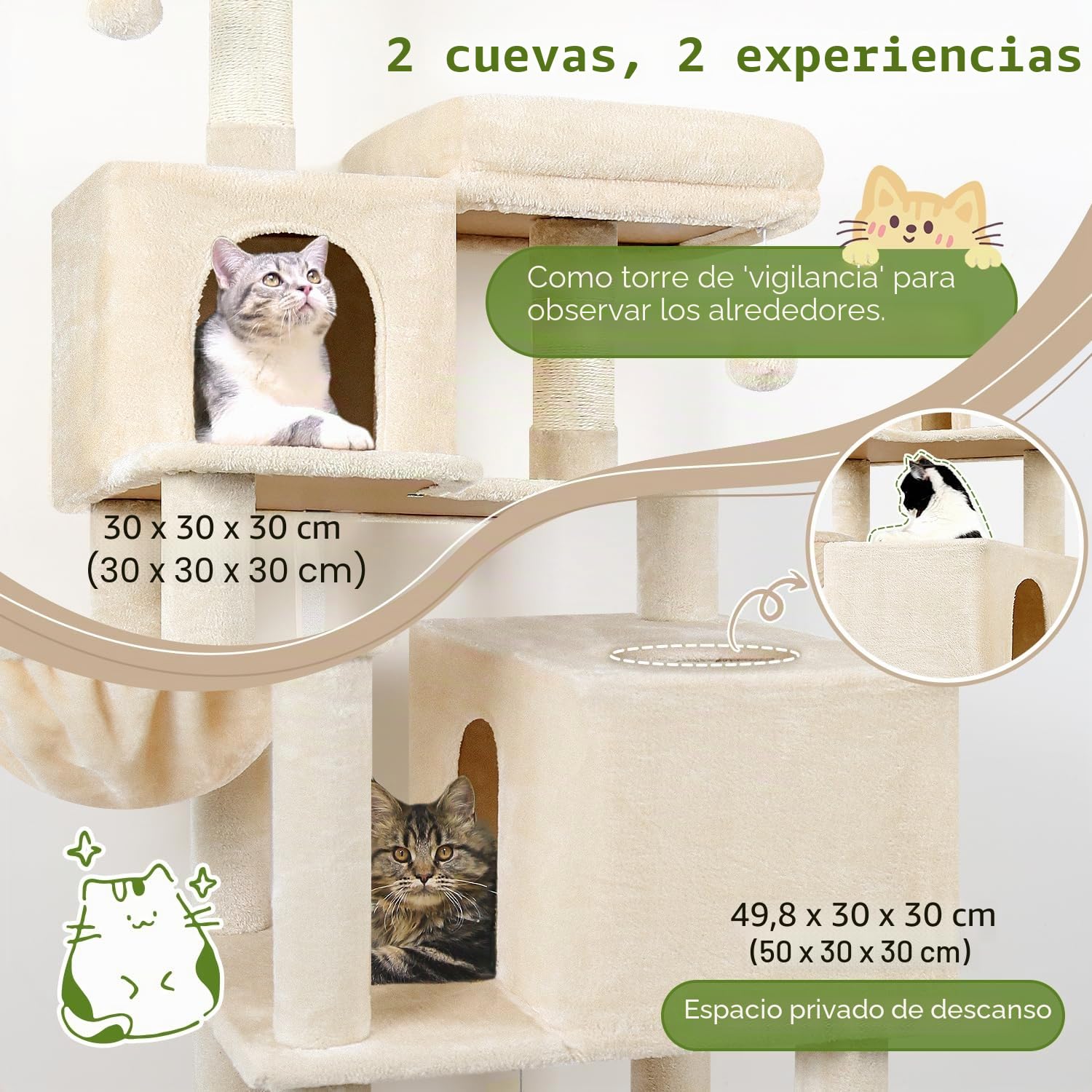 Globlazer Árbol Rascador Beige para Gatos XXL 195 cm Alto con 2 Nidos, 2 Acolchada Percha, Grande Hamaca 50 * 33CM, Cesta, Estable Rascador para Gatos Adultos Descansar Jugar Interior (F76, Beige)