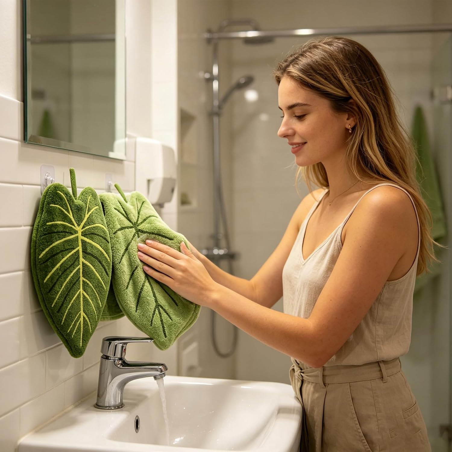 4-Pack of Adorable Leaf-Shaped Coral Fleece Towels, Bohemian Style Decoration, Kitchen and Bathroom face Towels, Green Tropical Plant Leaf Shaped Towels, Home Decor Gift.